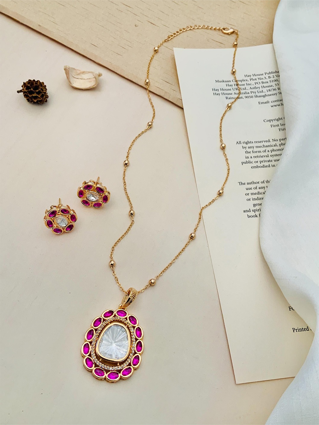

ABDESIGNS Gold Plated Stones Studded Polki Pendant With Earrings