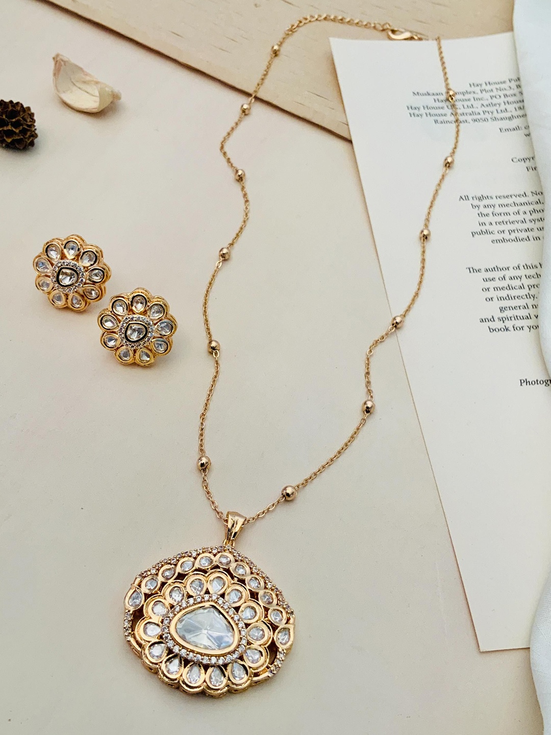 

ABDESIGNS Gold Plated Stones Studded Polki Necklace With Earrings