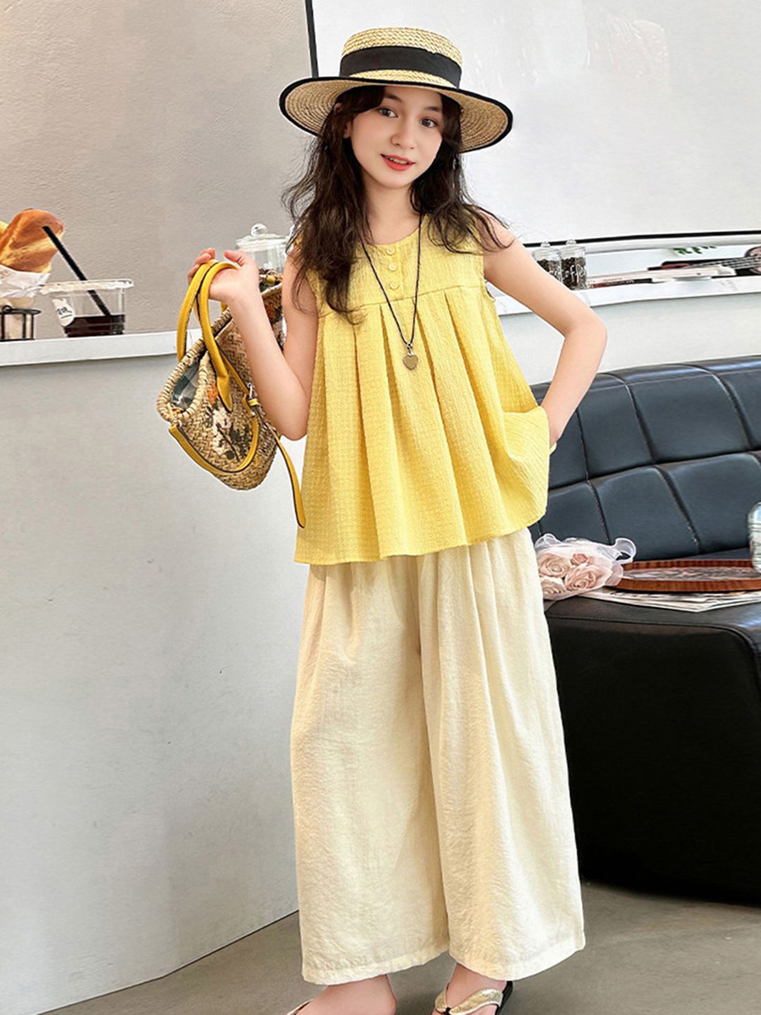 

INCLUD Girls Round Neck Sleeveless Top with Palazzos, Yellow