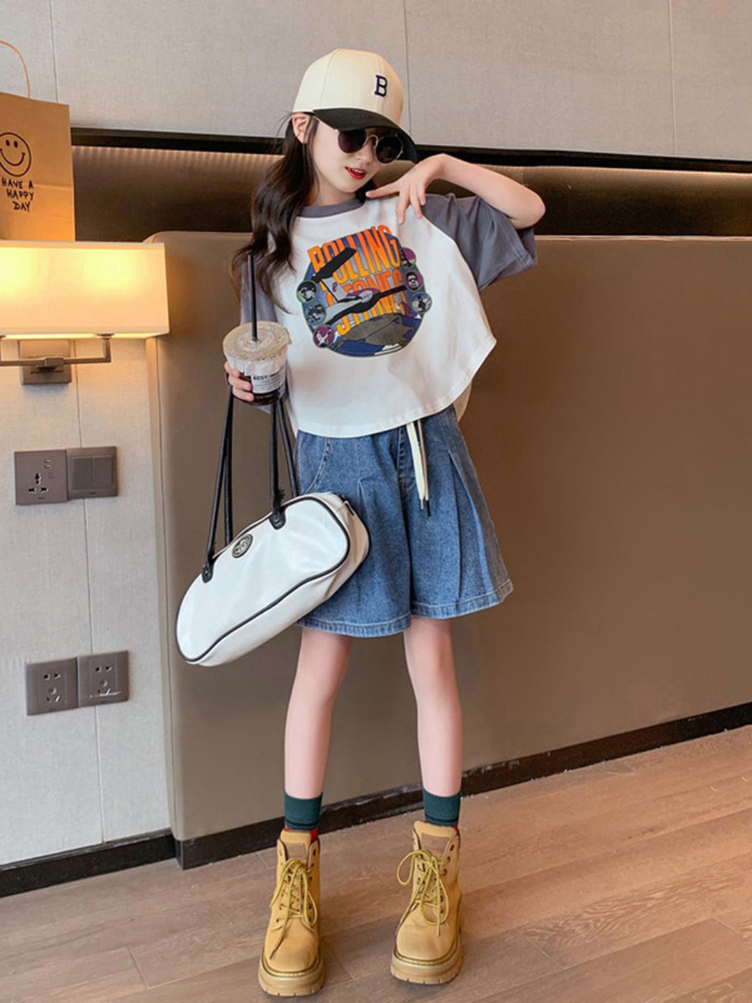 

INCLUD Girls Printed T-shirt with Shorts, White