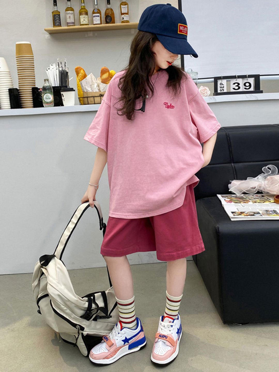 

INCLUD Girls Short Sleeves Round NeckPrinted T-shirt with Shorts, Pink