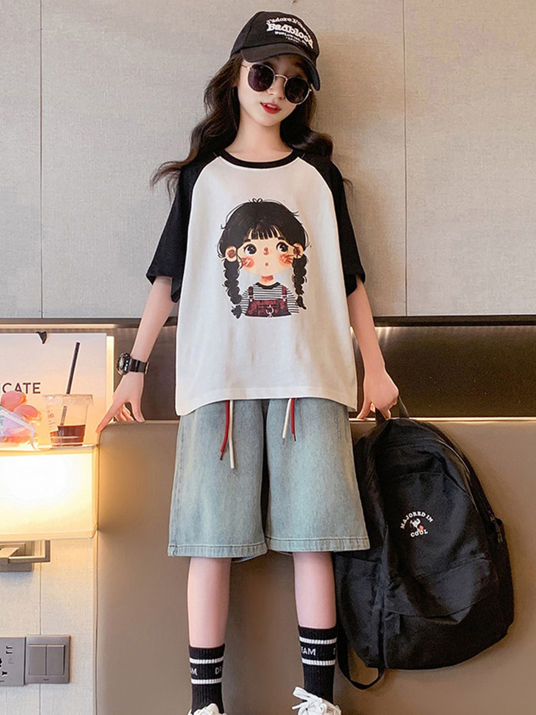 

INCLUD Girls Printed T-shirt with Shorts, Black