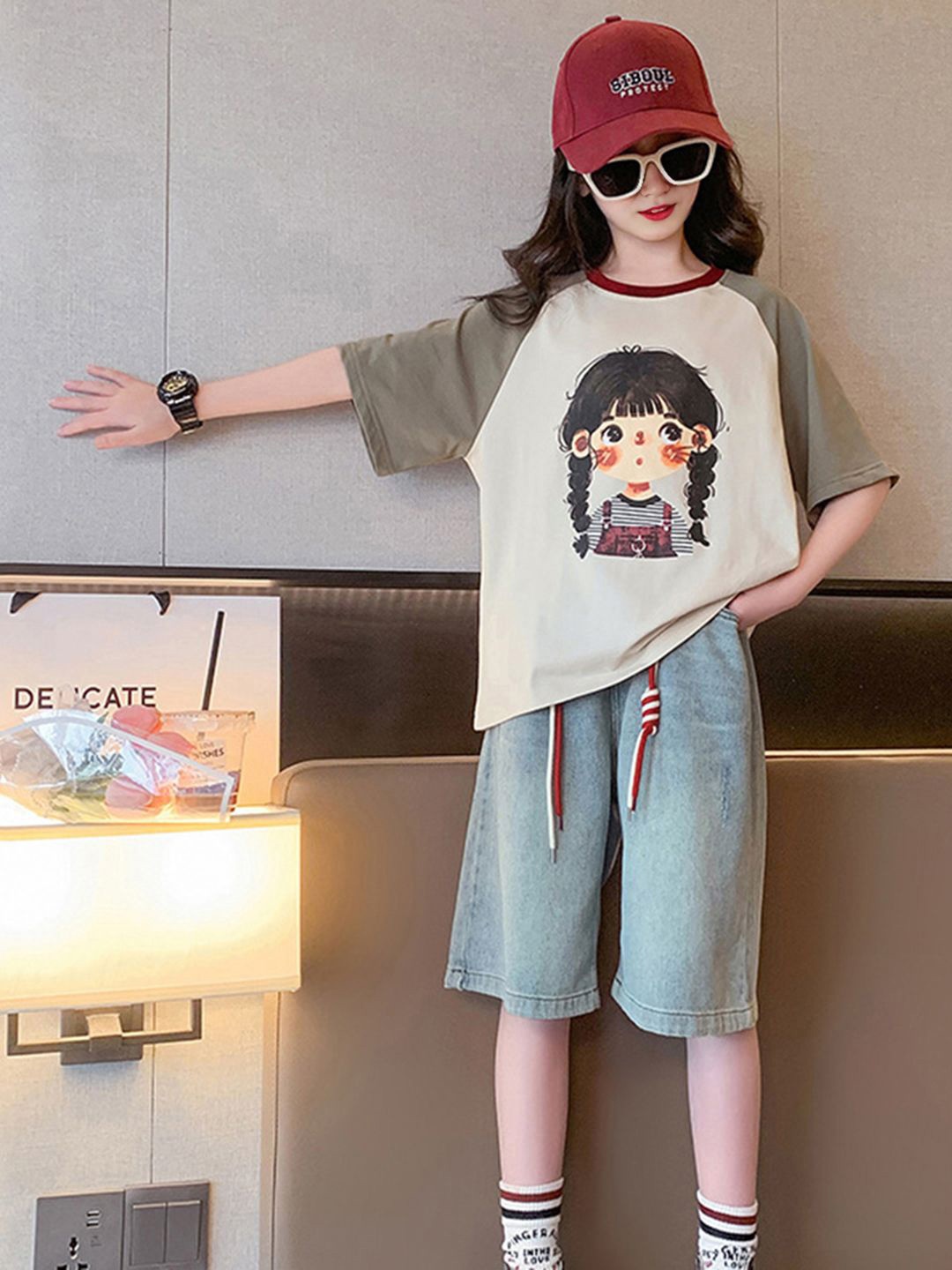 

INCLUD Girls Printed T-shirt with Denim Shorts, Green