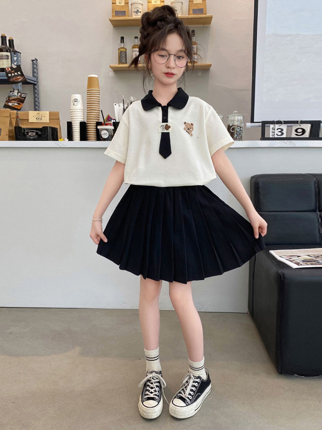 

INCLUD Girls Polo Collar T-Shirt With Skirt, Black