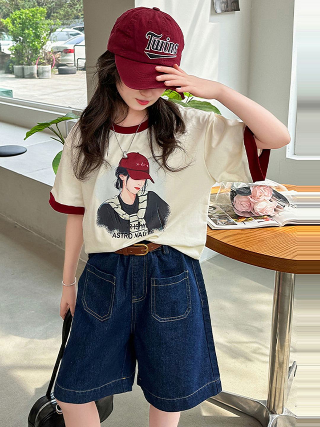 

INCLUD Girls Graphic Printed Round Neck T-shirt with Shorts, Off white