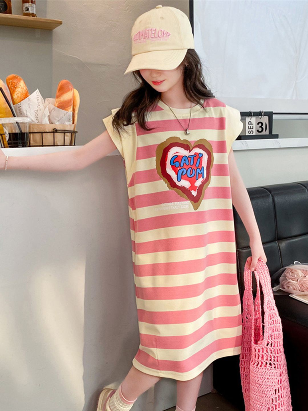 

INCLUD Girls Striped Cap Sleeves A-Line Dress, Pink