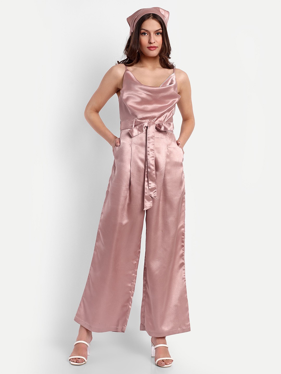 

ESSQUE Cowl Neck Sleeveless Waist Tie-Ups Satin Basic Jumpsuit, Pink