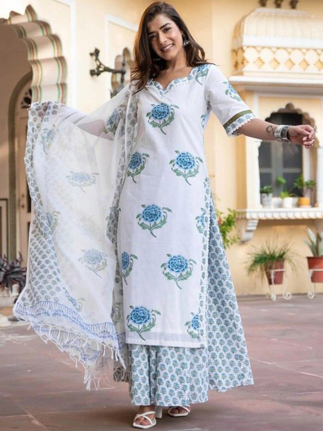 

KALINI Floral Printed Pure Cotton Straight Kurta With Palazzos & Dupatta, White