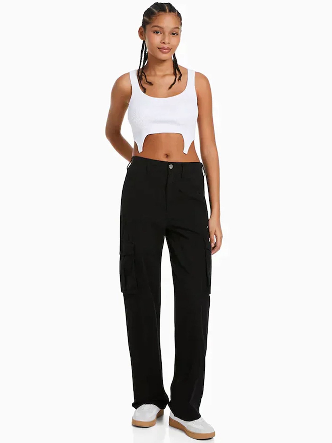 

LULU & SKY Women Straight Fit Low-Rise Cargos Trousers, Black
