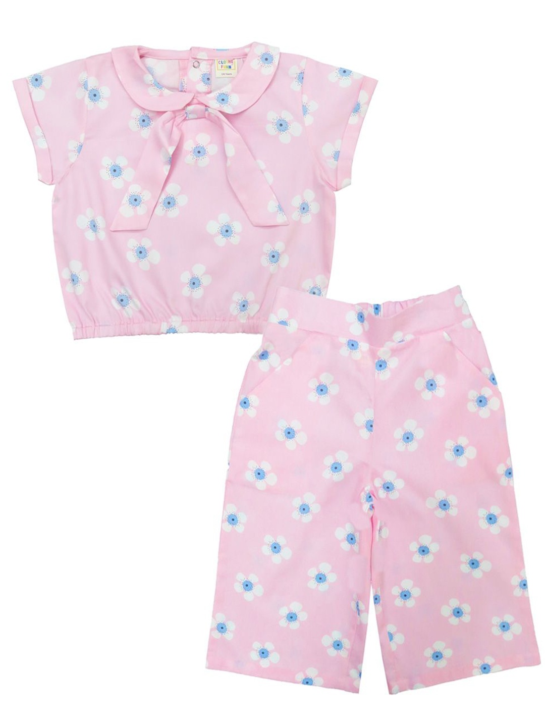 

Clothe Funn Girls Printed Peter Pan Collar Pure Cotton Top With Capris, Pink