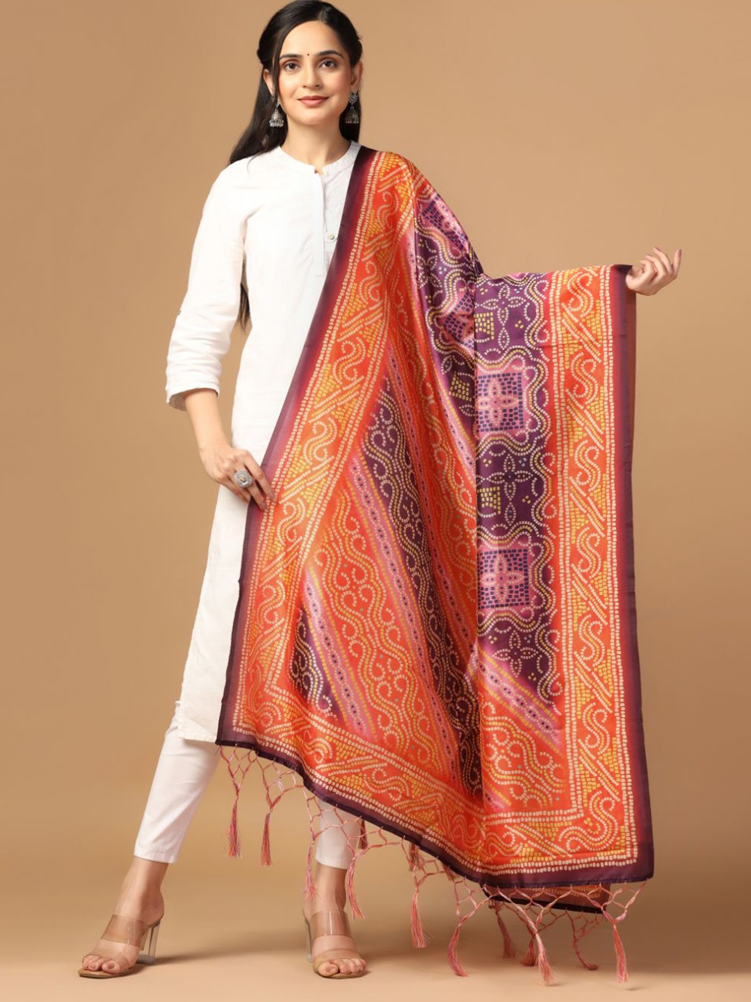 

Kaizen TEXO FAB Printed Bandhani Silk Tasselled Dupatta with Thread Work, Violet