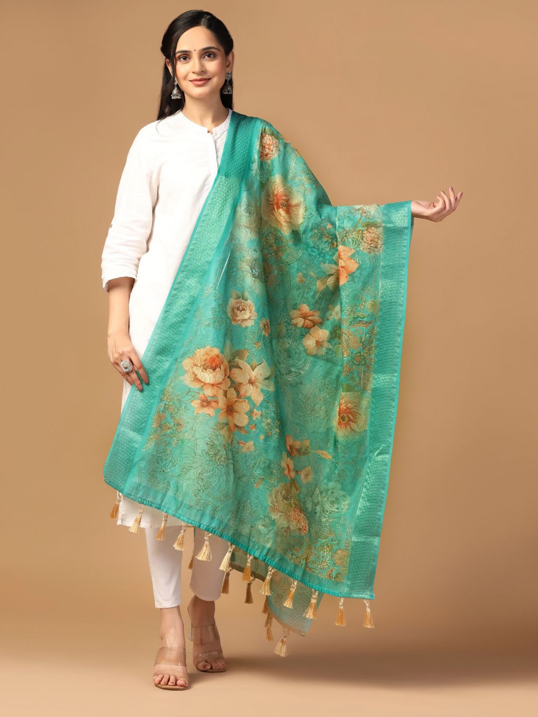 

Kaizen TEXO FAB Floral Printed Tasselled Silk Dupatta with Thread Work, Turquoise blue