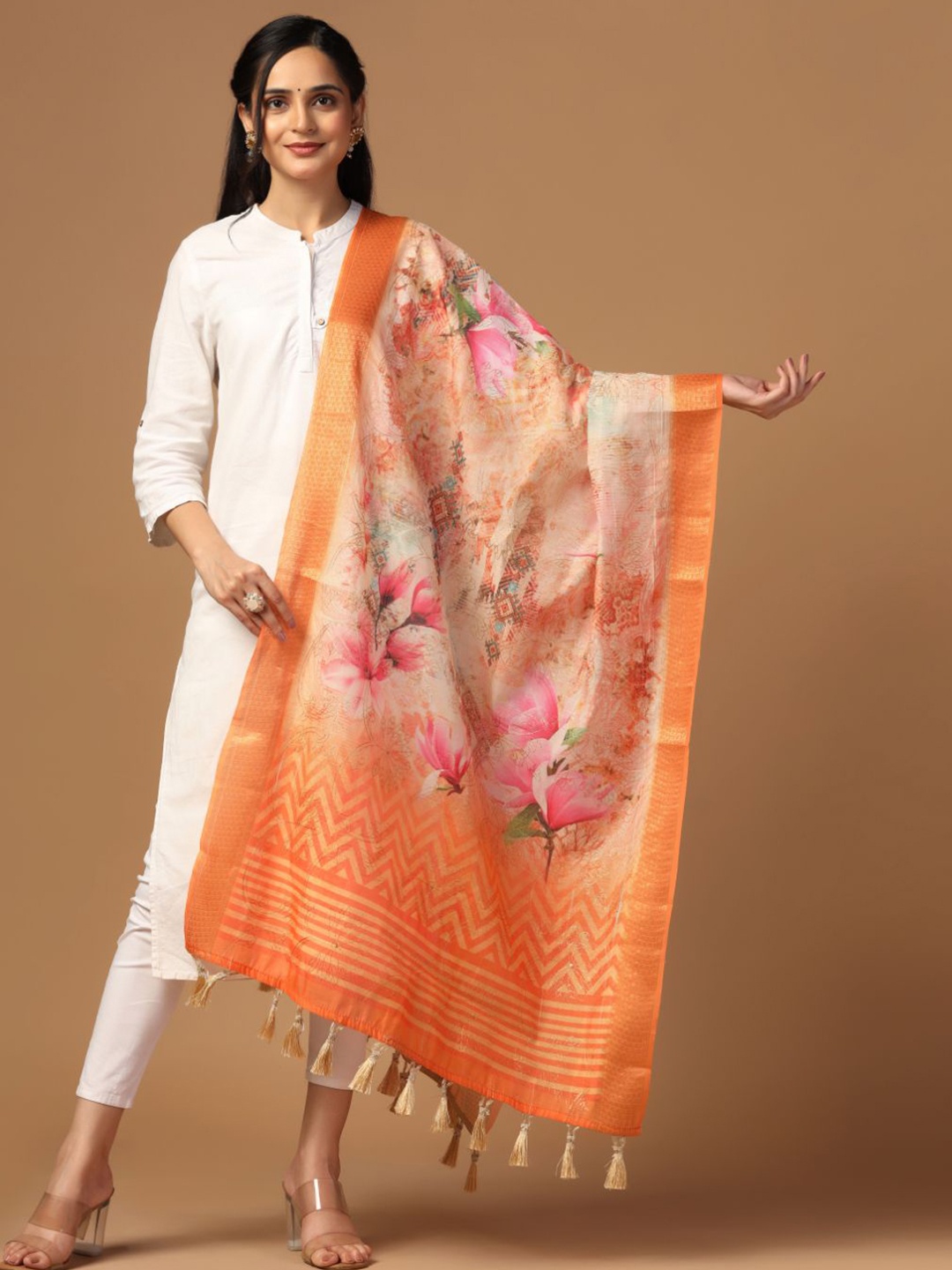 

Kaizen TEXO FAB Floral Printed Cotton Dupatta, Orange