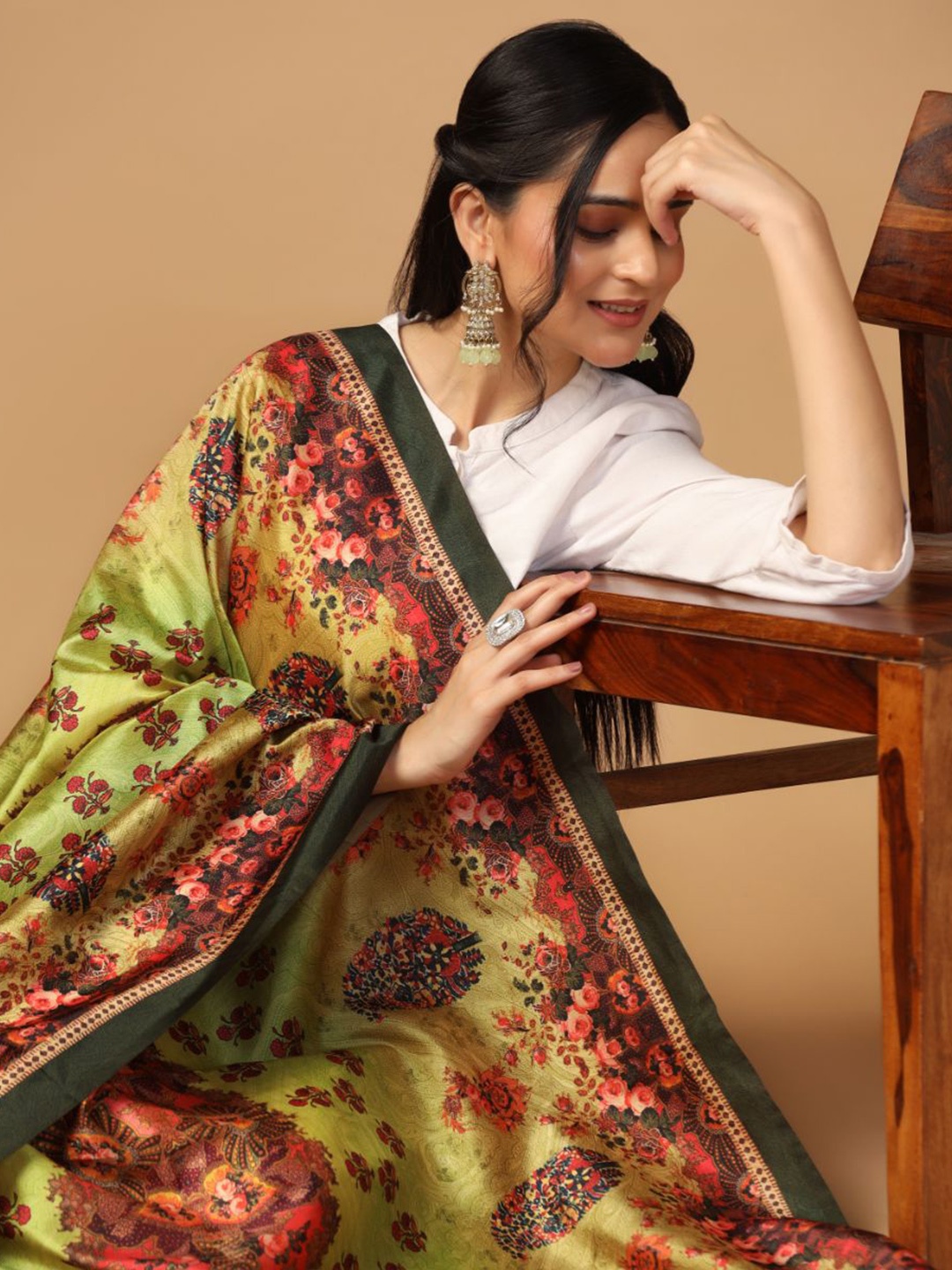 

Kaizen TEXO FAB Floral Printed Block Print Tasselled Silk Dupatta with Thread Work, Lime green