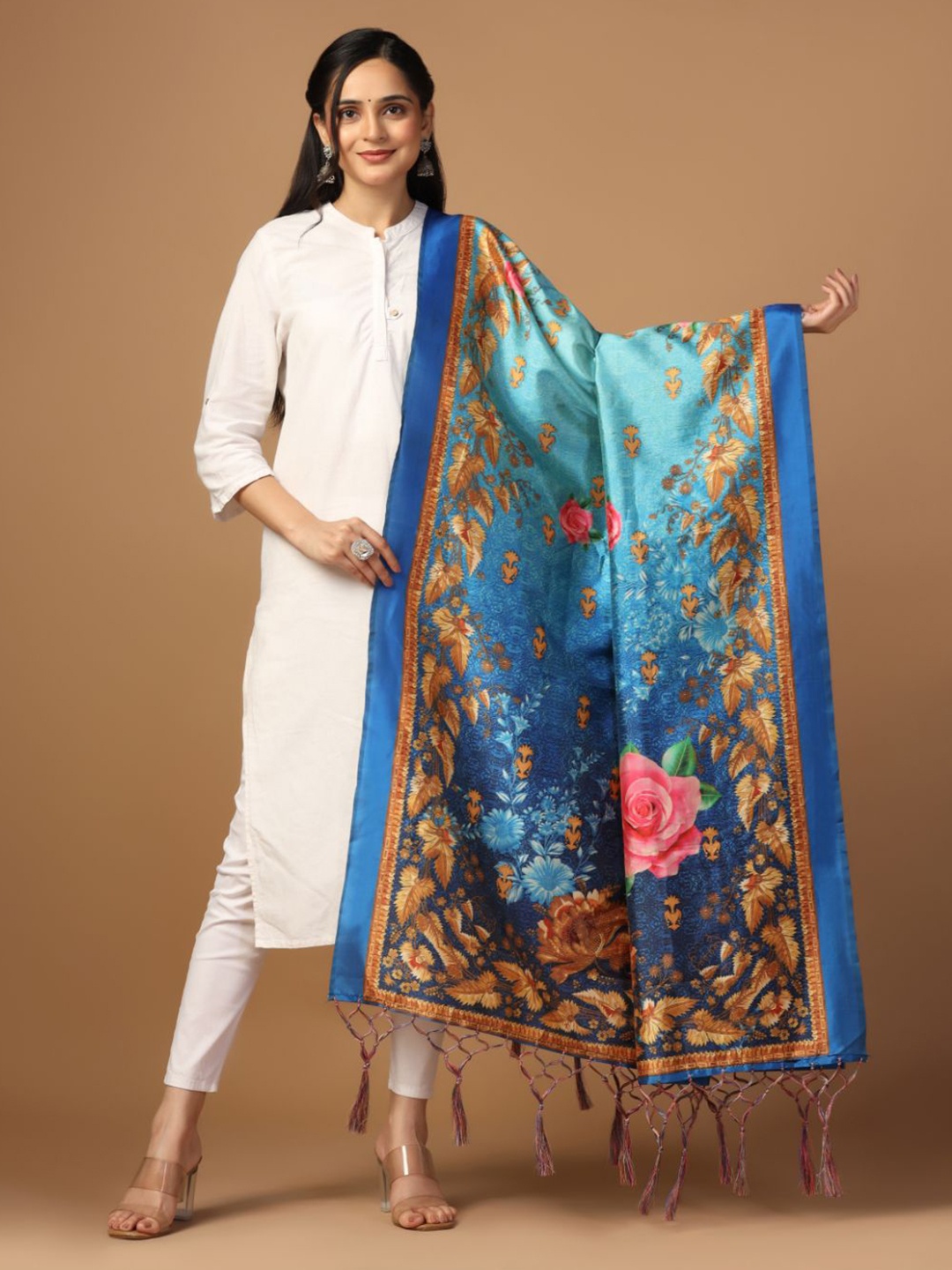 

Kaizen TEXO FAB Floral Printed Silk Dupatta, Blue