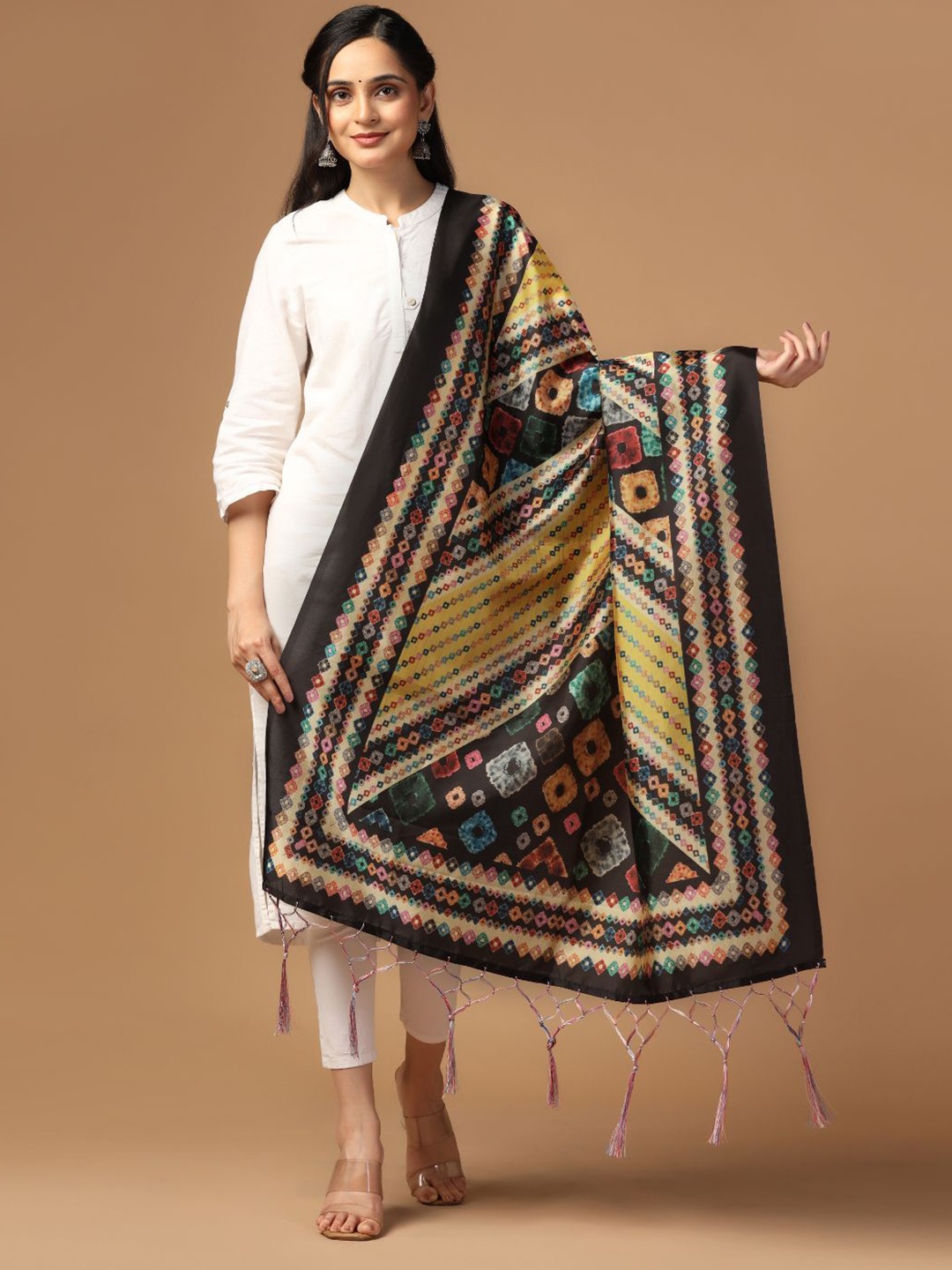 

Kaizen TEXO FAB Geometric Printed Silk Dupatta, Black