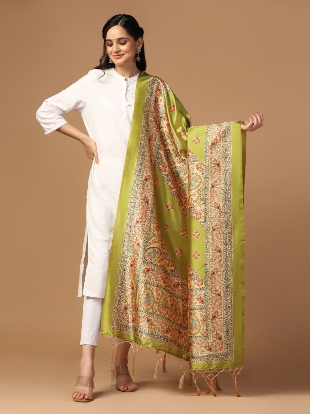 

Kaizen TEXO FAB Ethnic Motifs Printed Silk Dupatta, Lime green