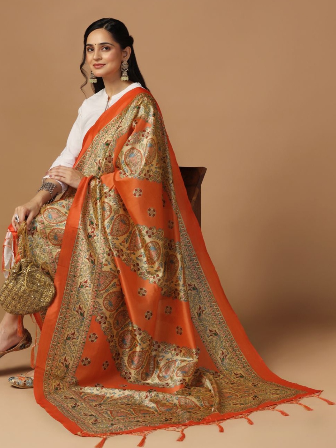 

Kaizen TEXO FAB Ethnic Motifs Printed Kalamkari Dupatta with Thread Work, Orange