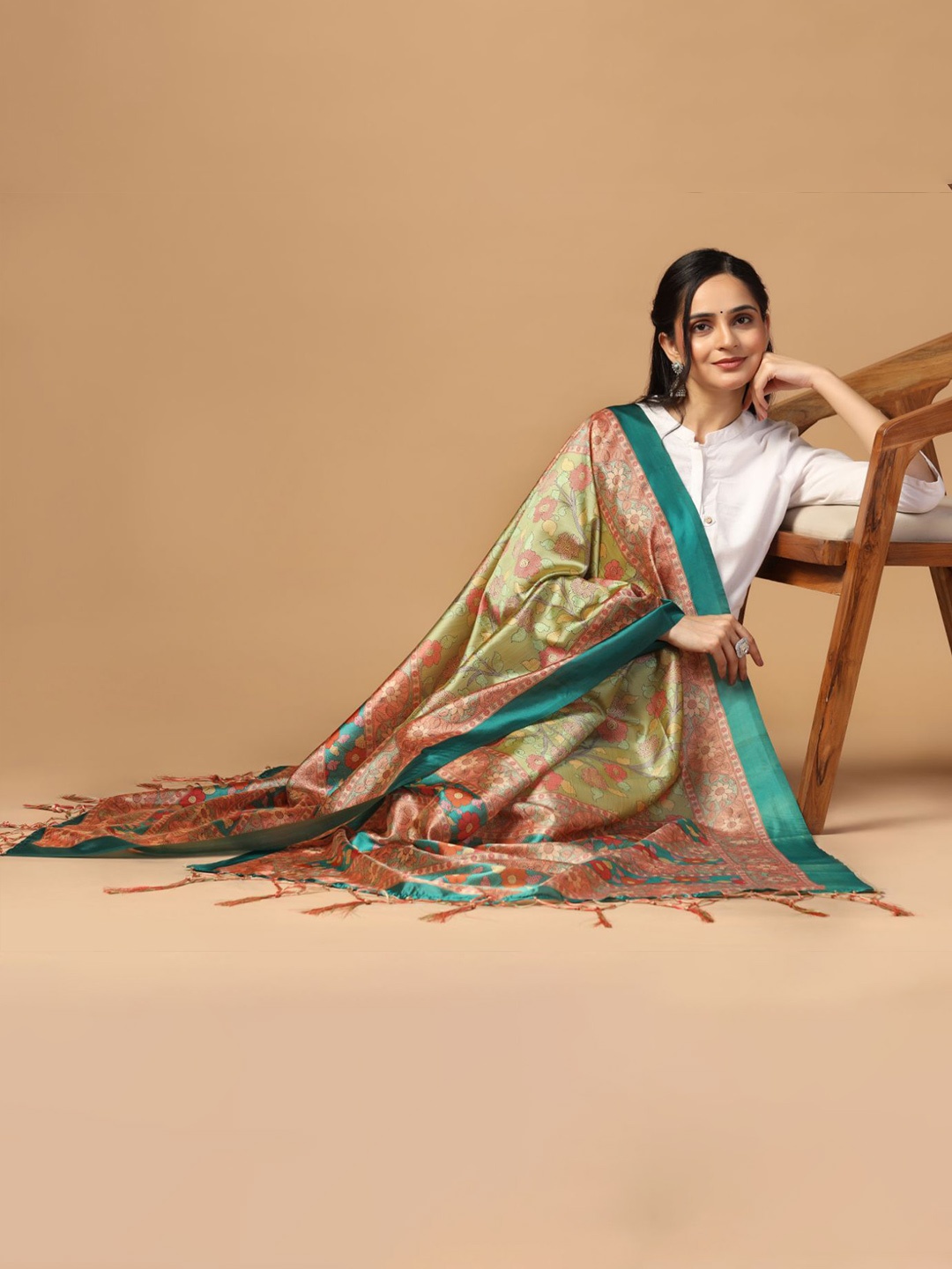 

Kaizen TEXO FAB Ethnic Motifs Printed Silk Dupatta, Lime green