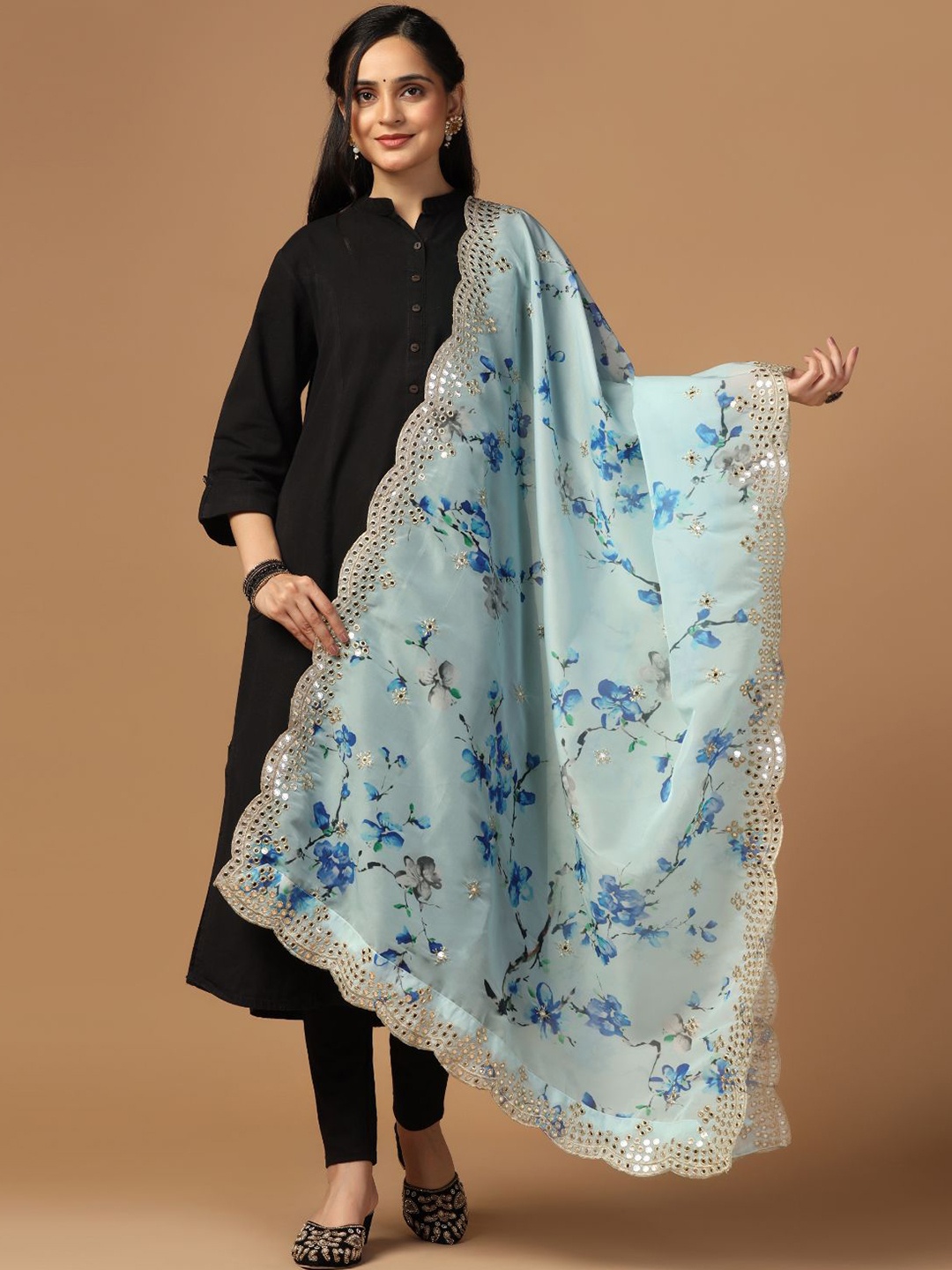 

Kaizen TEXO FAB Floral Printed Mirror Work Organza Dupatta, Blue
