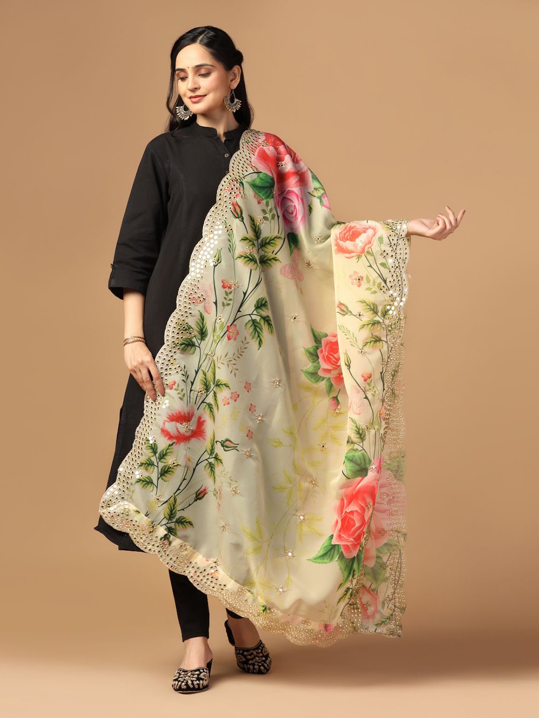 

Kaizen TEXO FAB Floral Printed Organza Dupatta with Mirror Work, Yellow