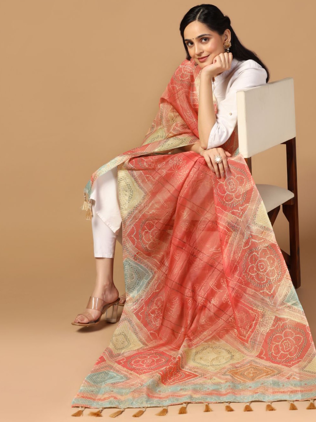 

Kaizen TEXO FAB Ethnic Motifs Printed Tasselled Silk Dupatta with Thread Work, Red