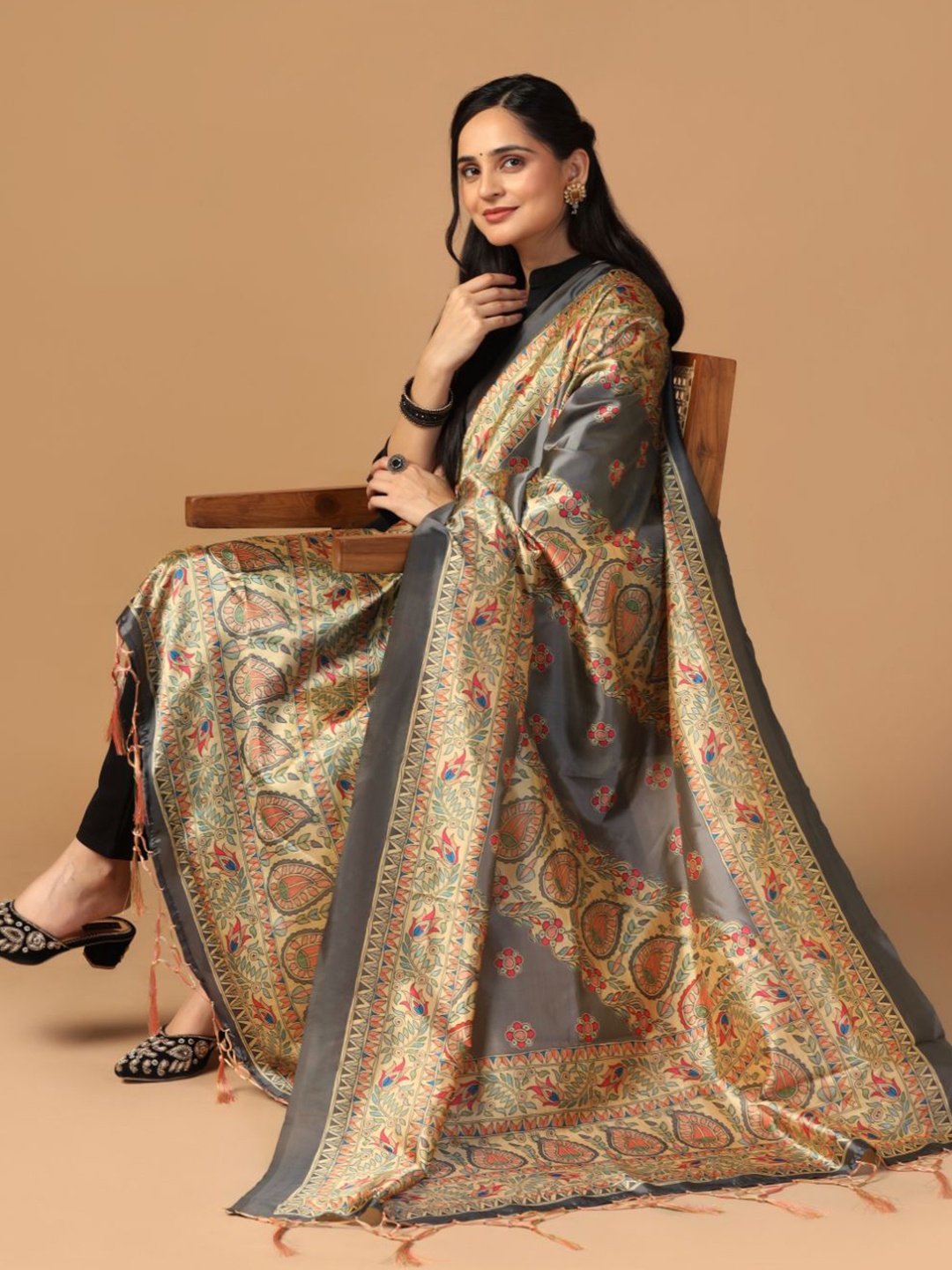 

Kaizen TEXO FAB Ethnic Motifs Printed Tasselled Silk Dupatta, Grey