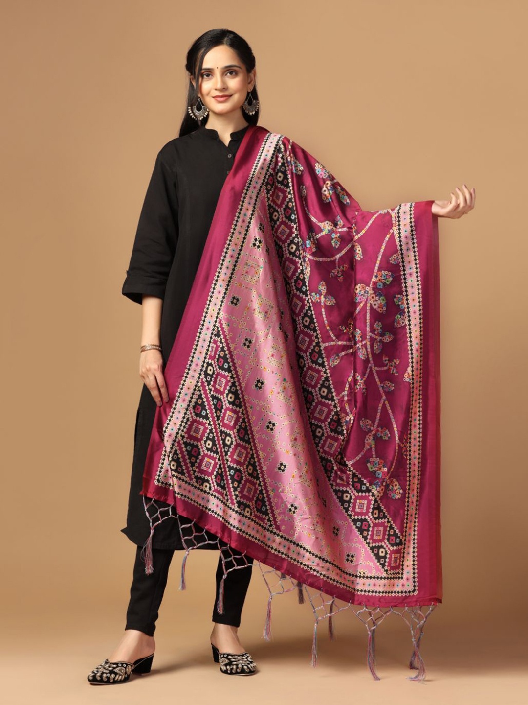 

Kaizen TEXO FAB Floral Printed Tasselled Silk Dupatta, Maroon