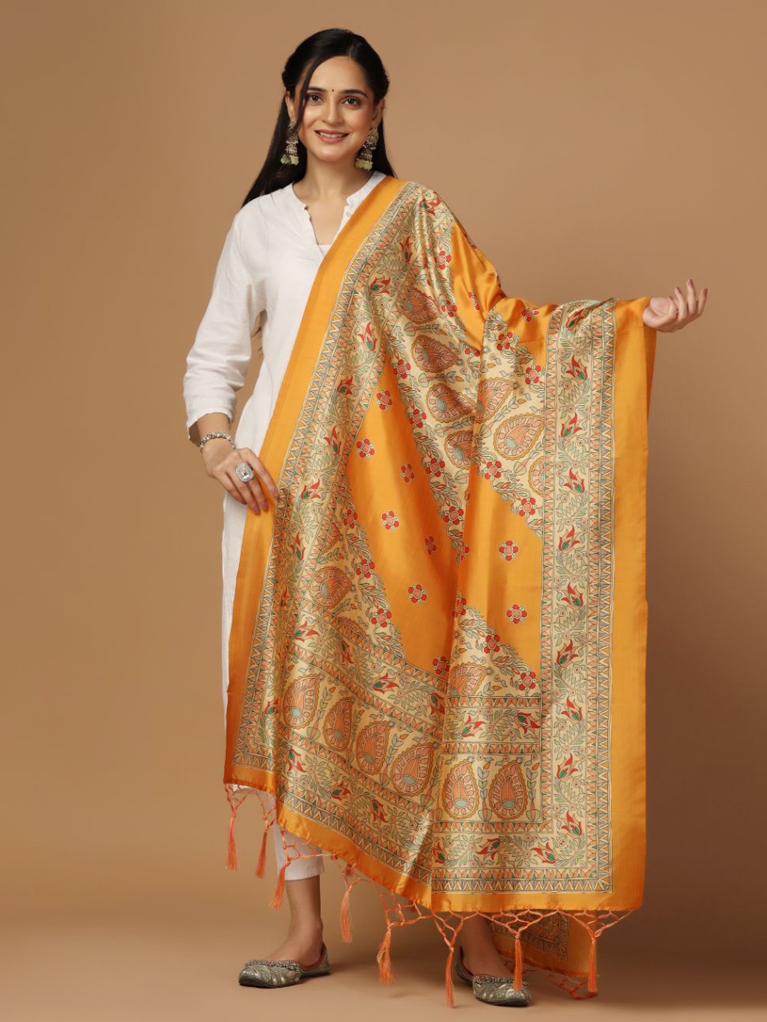 

Kaizen TEXO FAB Ethnic Motifs Printed Thread Work Silk Dupatta, Mustard