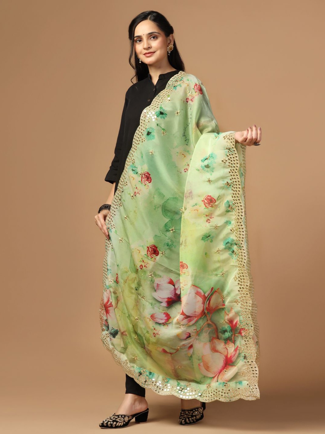 

Kaizen TEXO FAB Floral Printed Organza Dupatta, Green