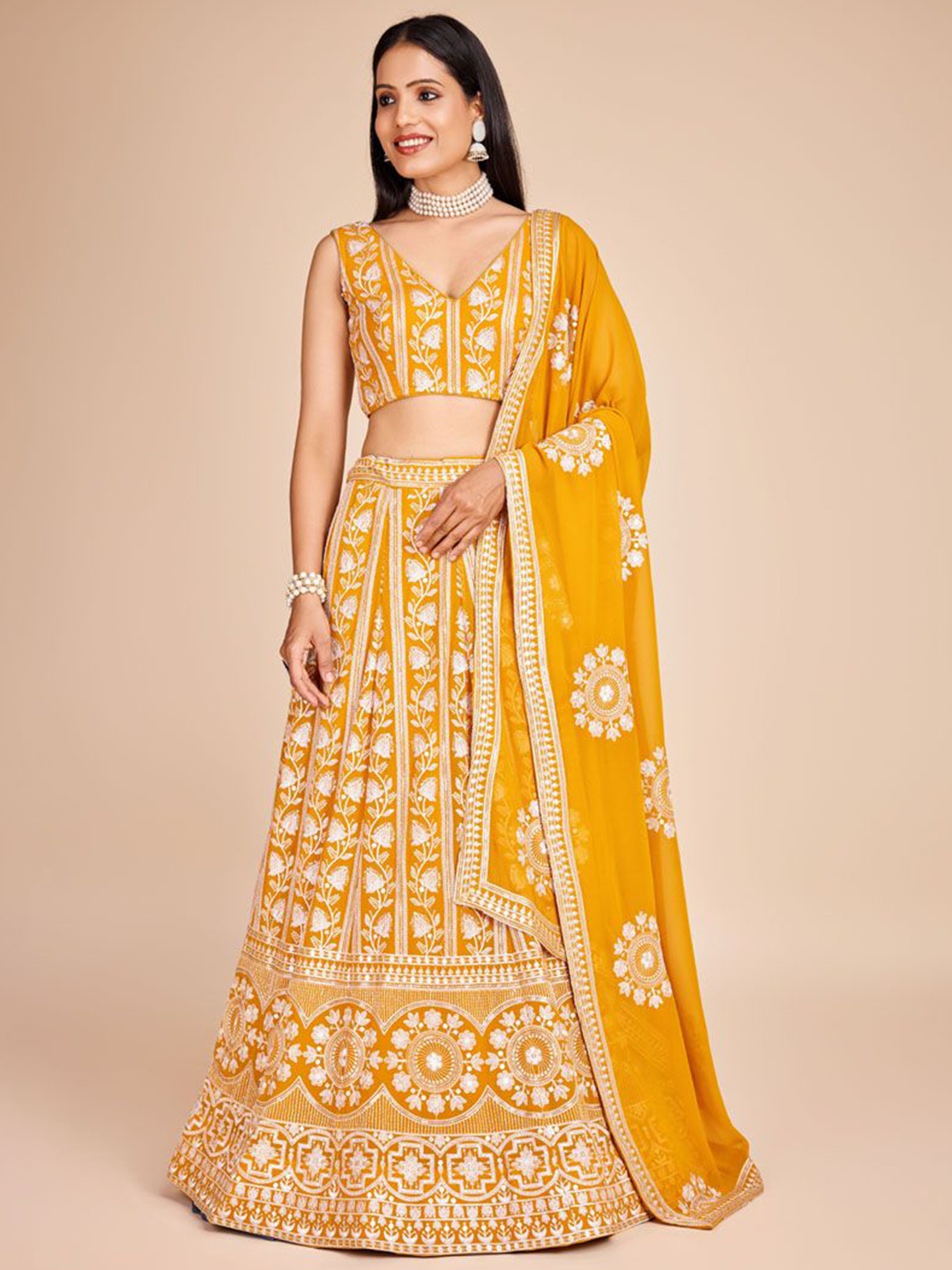 

ASISA Embroidered Thread Work Semi-Stitched Lehenga & Blouse With Dupatta, Yellow