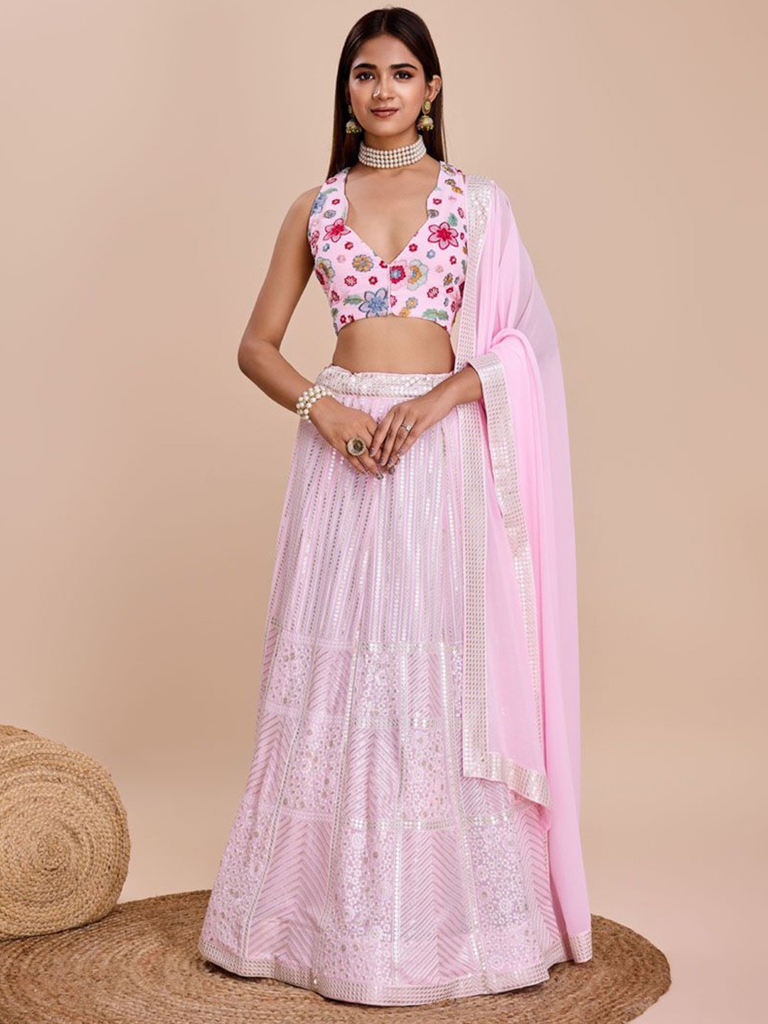 

ASISA Embroidered Thread Work Semi-Stitched Lehenga & Blouse With Dupatta, Pink