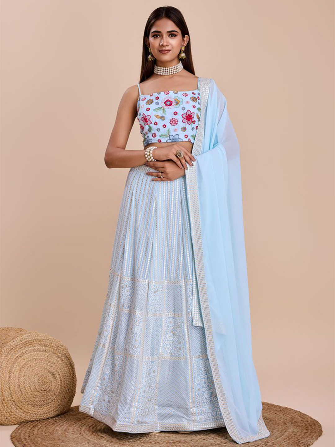 

ASISA Embroidered Thread Work Semi-Stitched Lehenga & Blouse With Dupatta, Blue