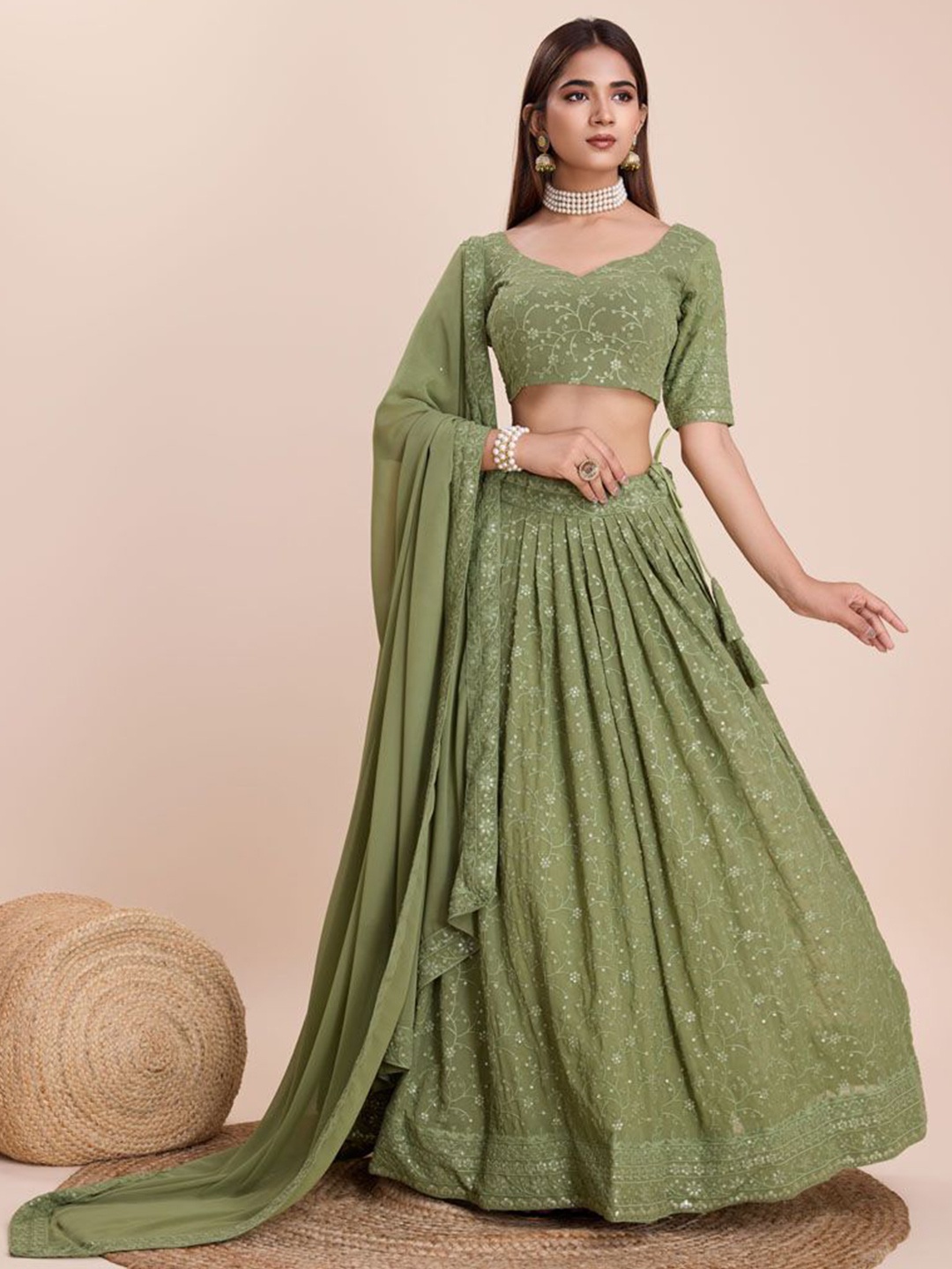 

ASISA Embroidered Thread Work Semi-Stitched Lehenga & Blouse With Dupatta, Green