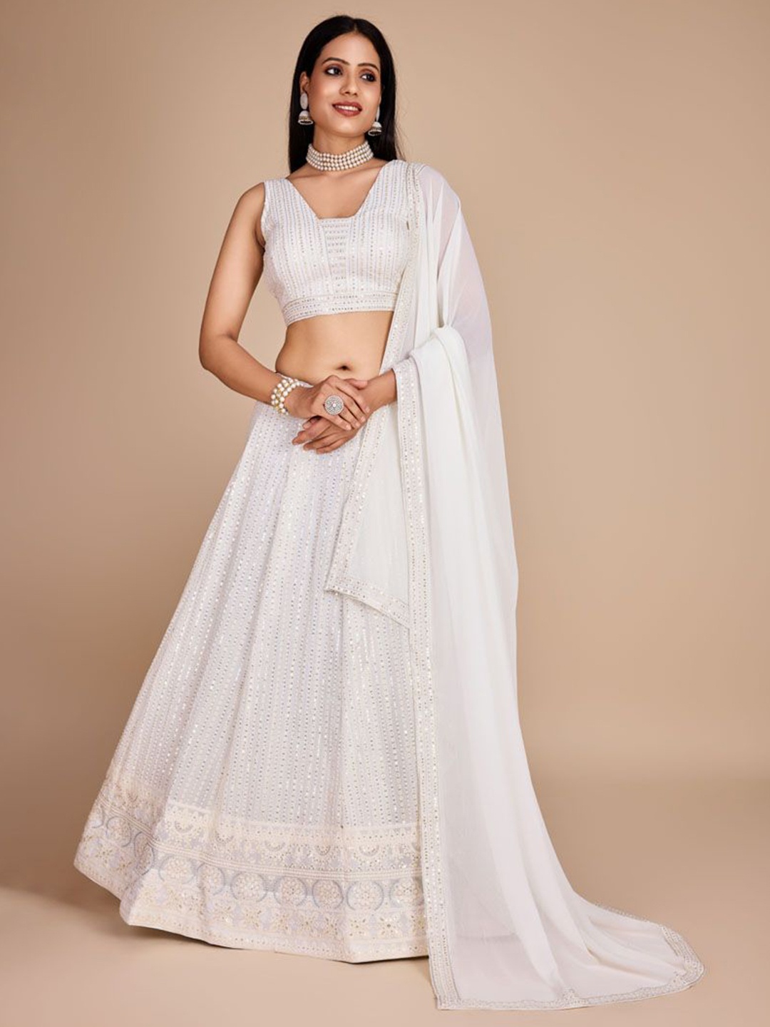 

ASISA Embroidered Thread Work Semi-Stitched Lehenga & Blouse With Dupatta, White
