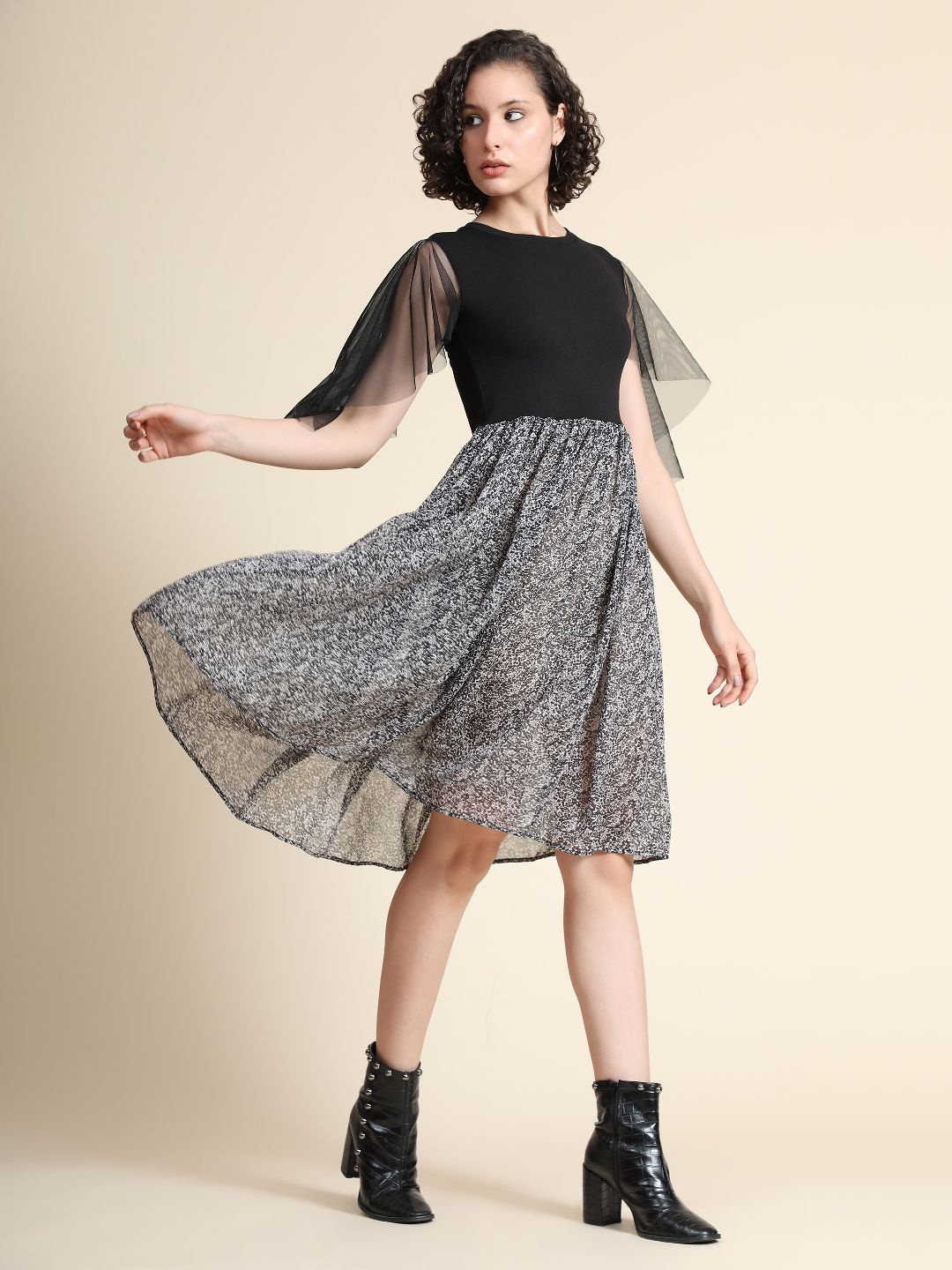 

TOOCHKI Printed Flared Sleeve Georgette Fit & Flare Dress, Black