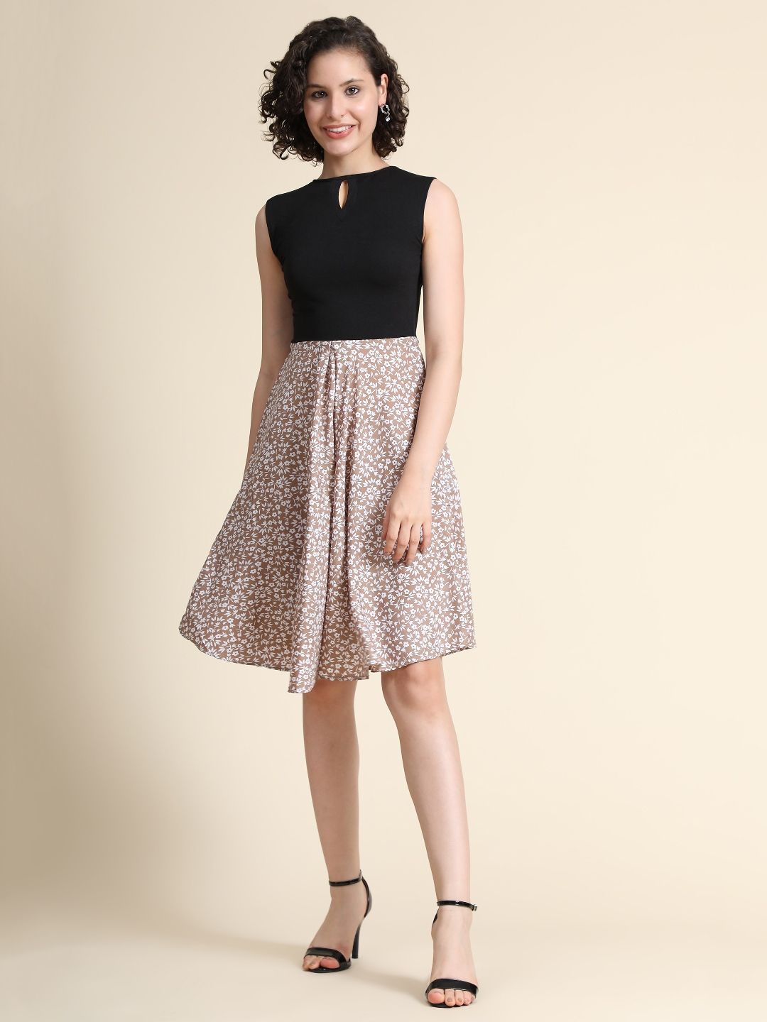 

TOOCHKI Women Animal Print Keyhole Neck Fit & Flare Dress, Brown