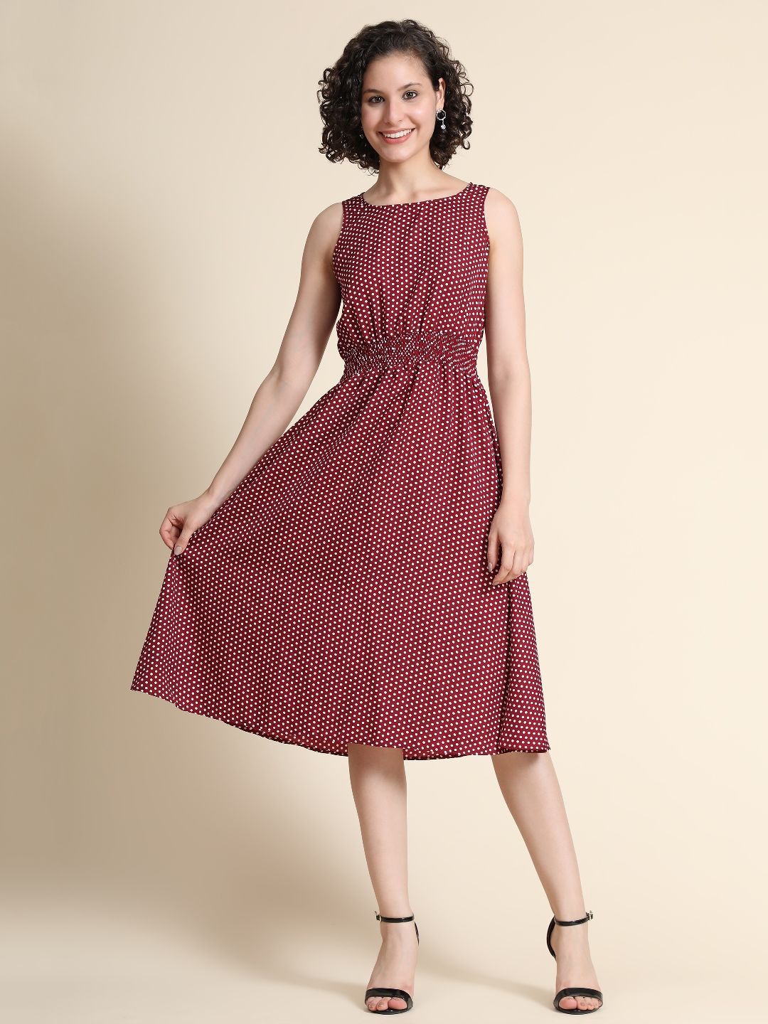 

TOOCHKI Women Polka Dot Checked A-Line Midi Dress, Maroon