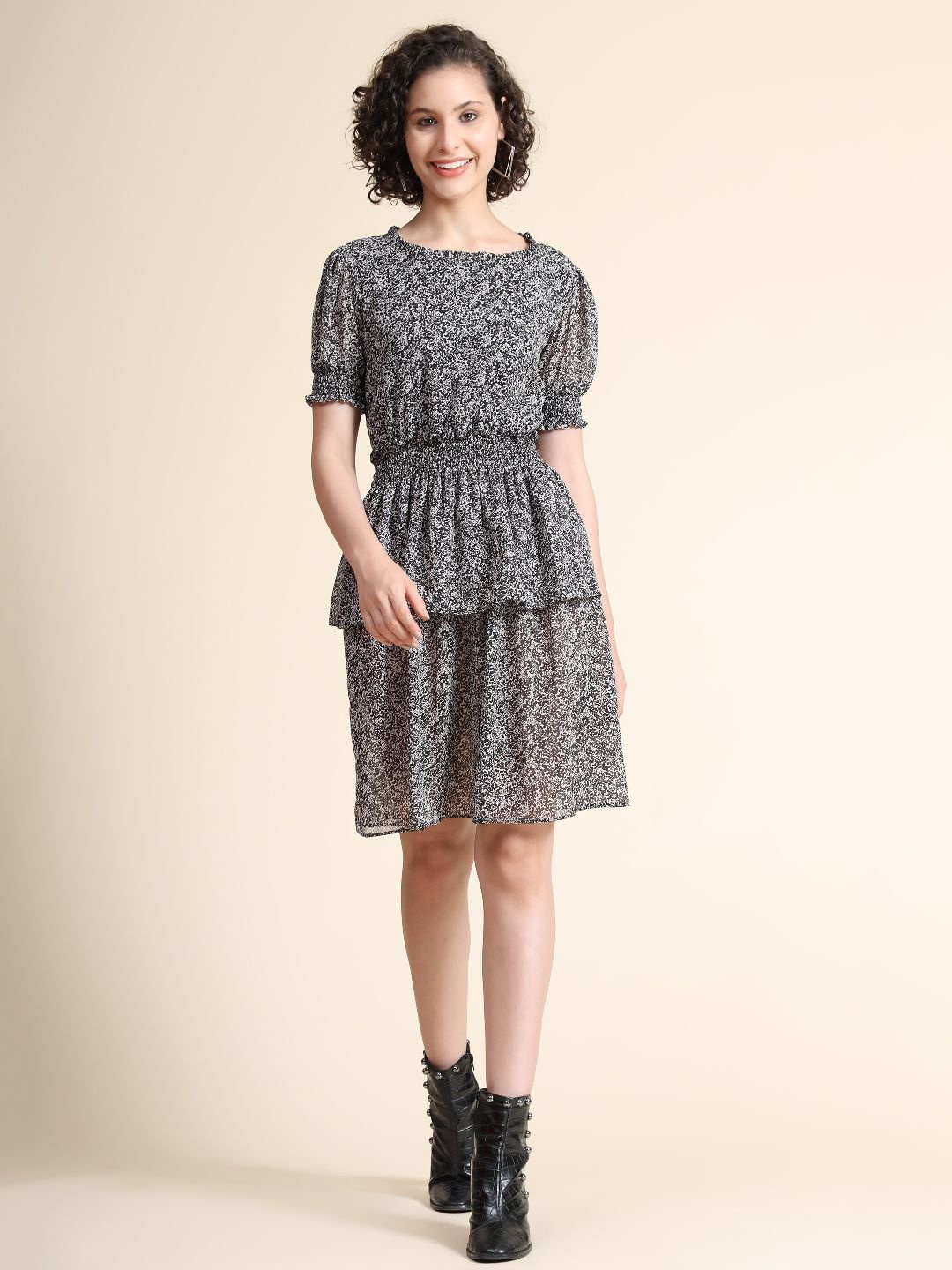

TOOCHKI Women Floral Printed Layered Georgette Fit & Flare Dress, Black