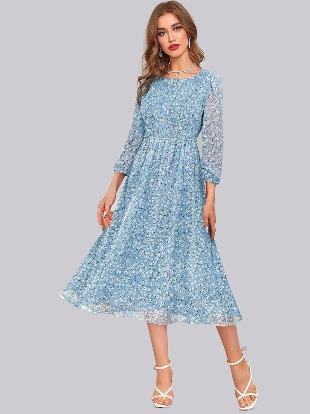 

TOOCHKI Floral Print Georgette Fit & Flare Midi Dress, Blue
