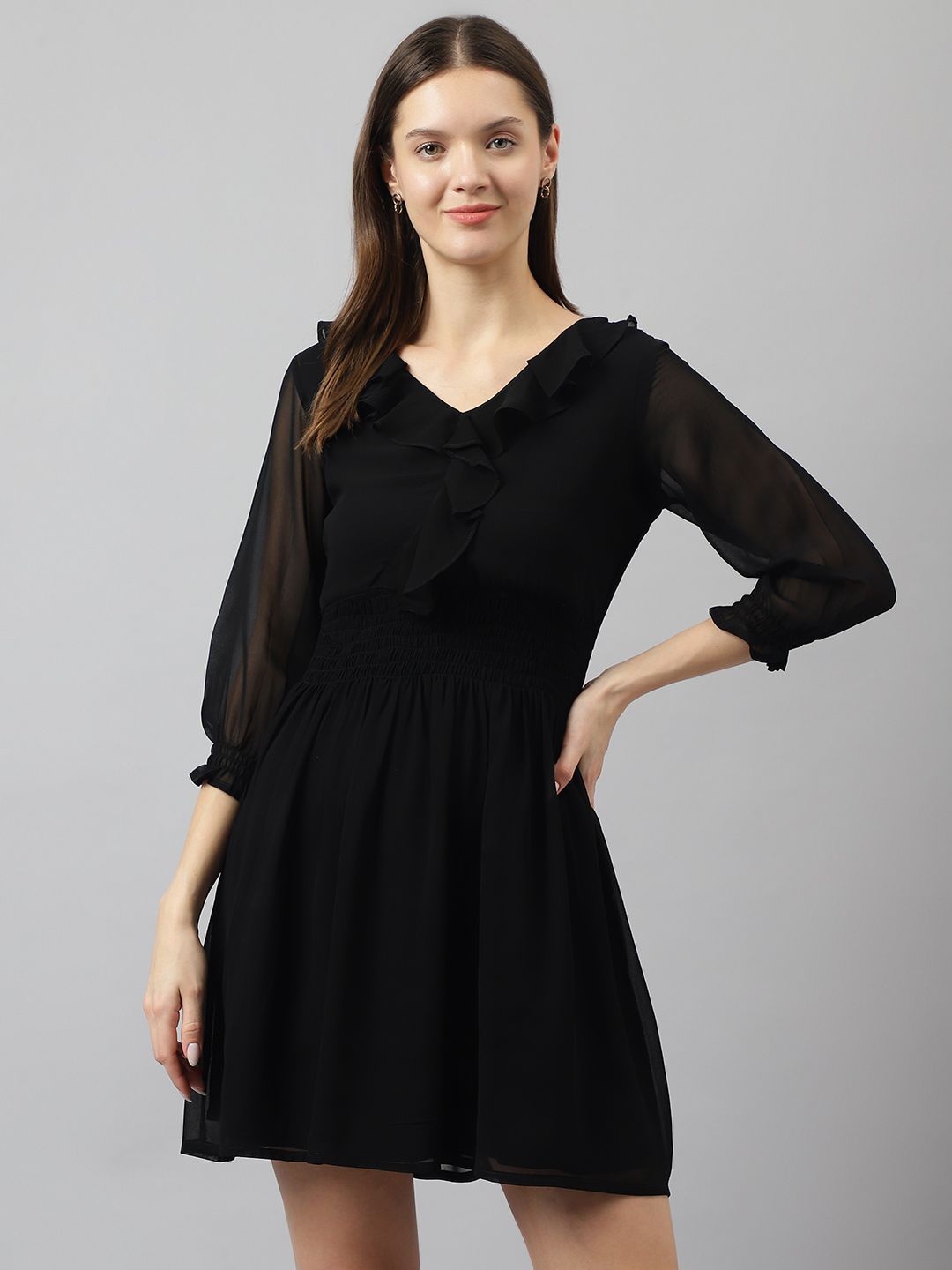 

TOOCHKI Solid Puff Sleeve Georgette Fit & Flare Dress, Black