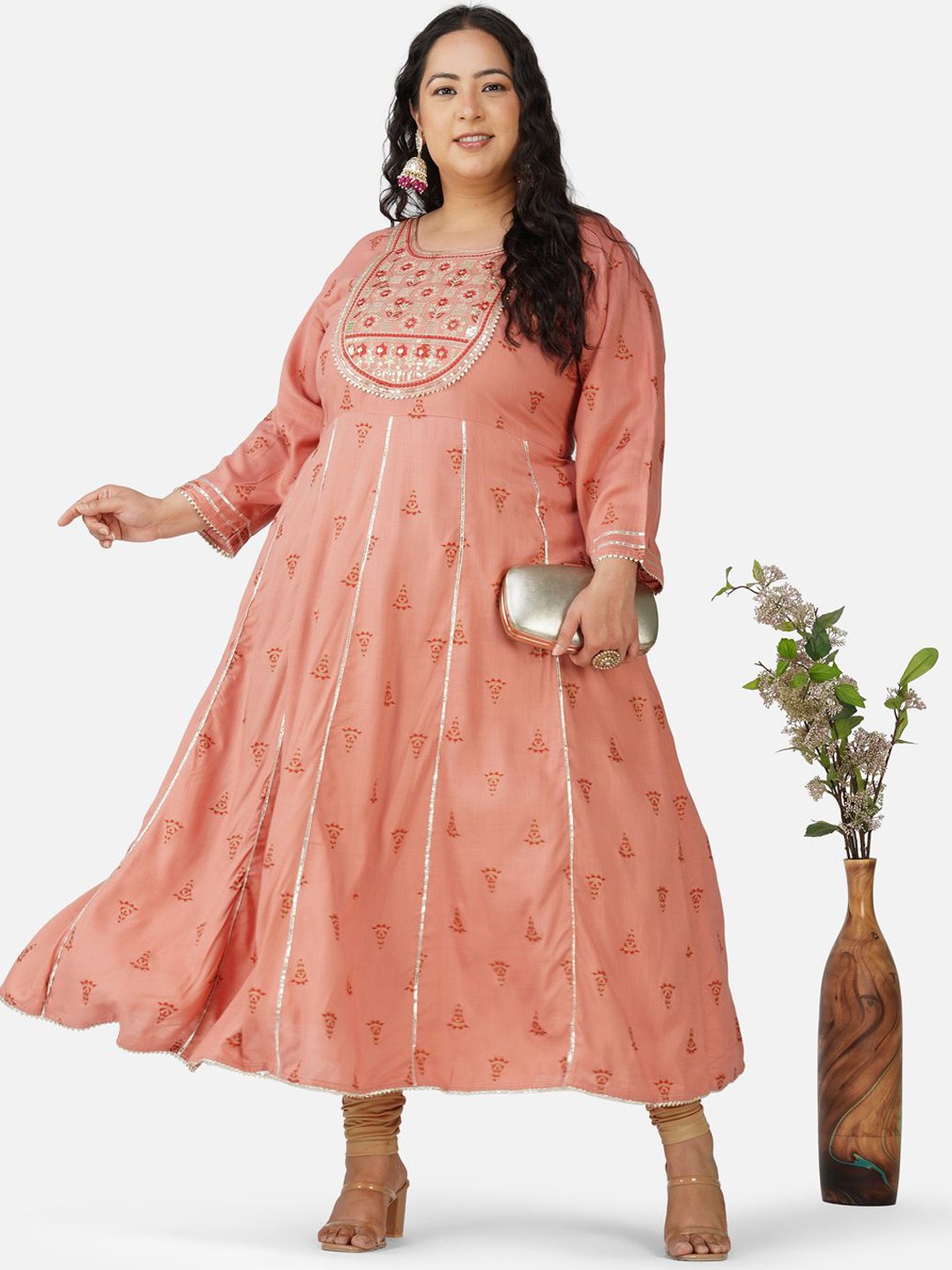 

AnjuShree Choice Plus Size Ethnic Motifs Printed Sequinned Anarkali Kurta, Peach