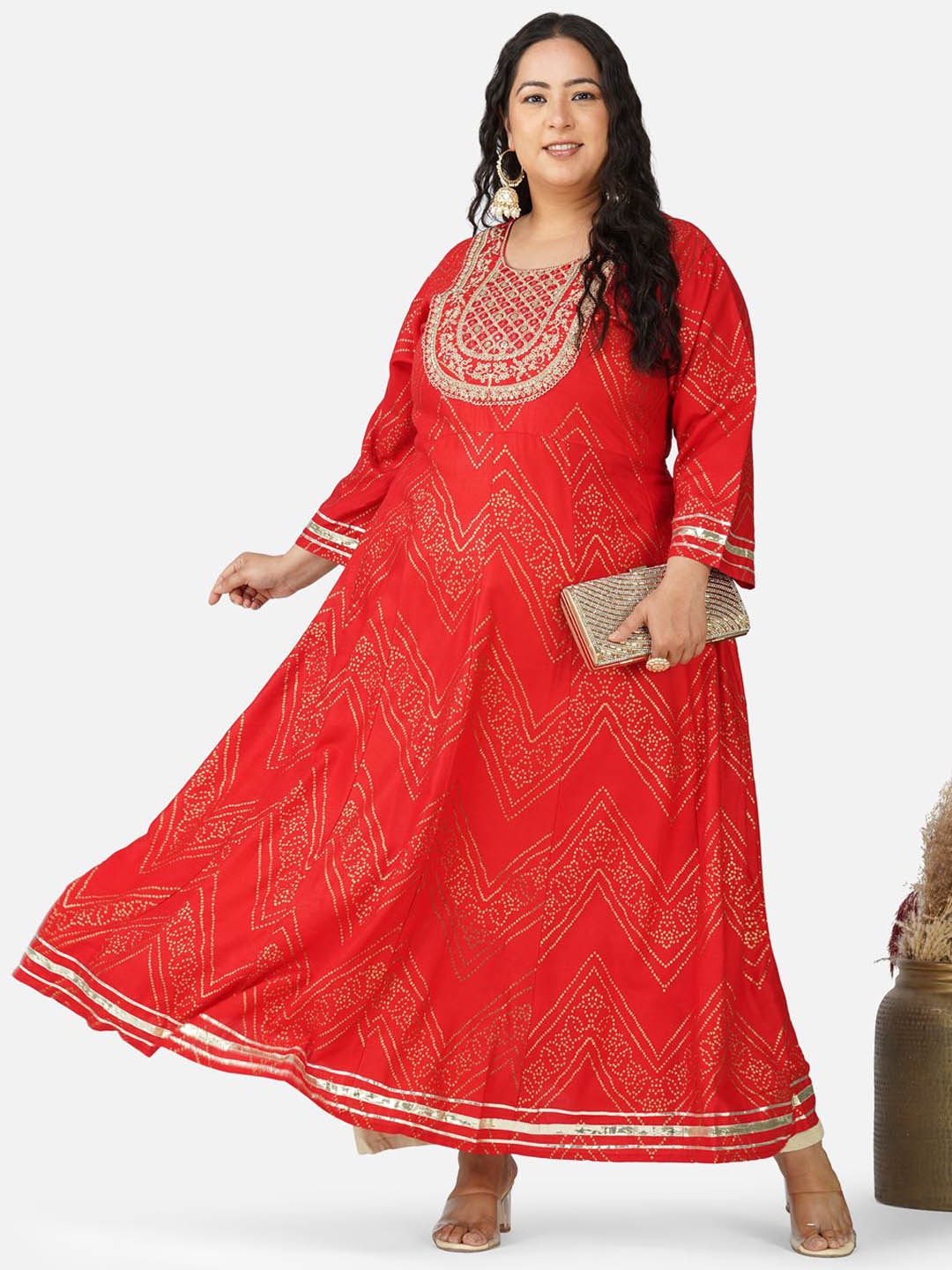 

AnjuShree Choice Plus Size Ethnic Motifs Printed Thread Work Anarkali Kurta, Red