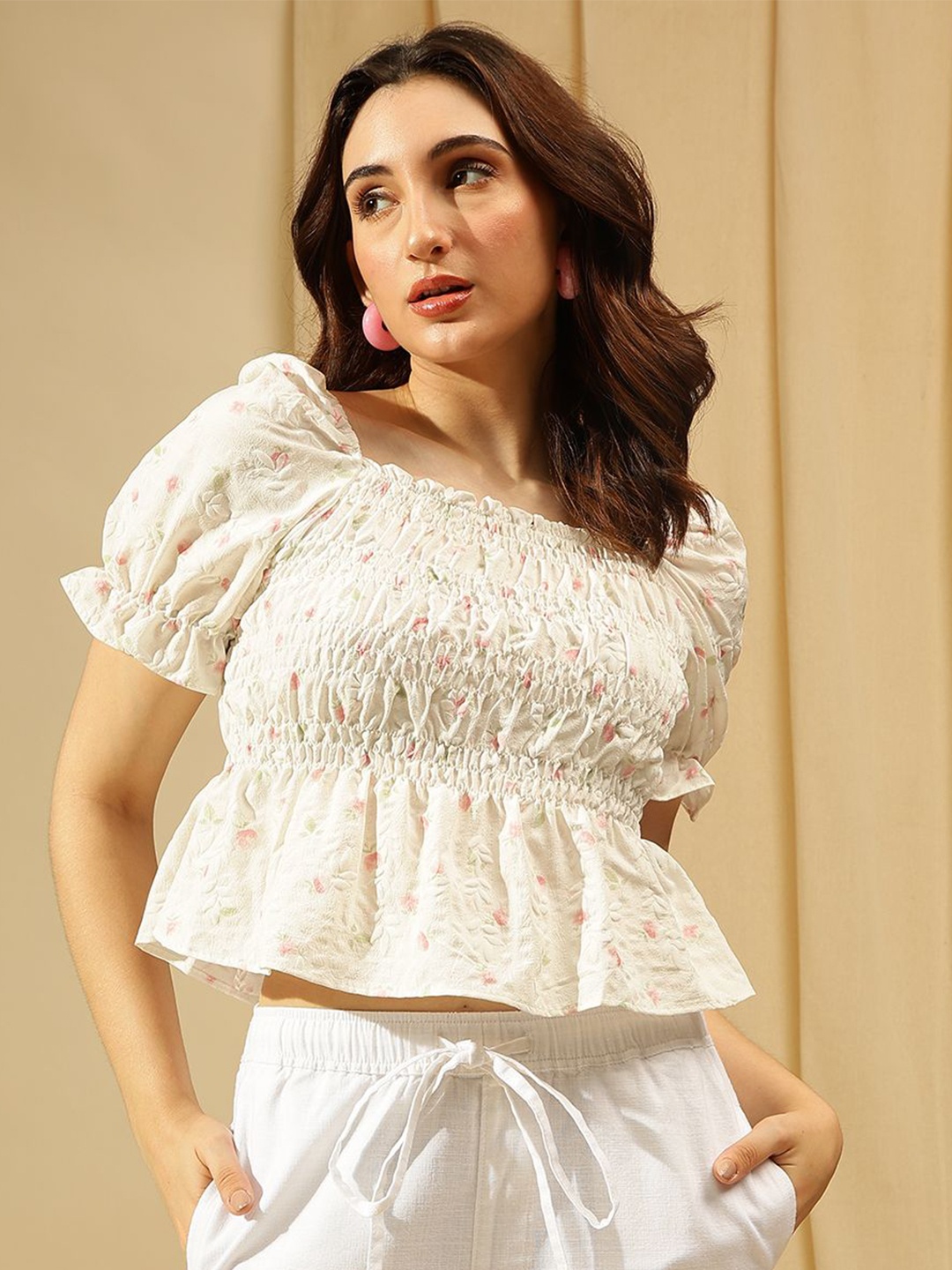 

Xpose Puff Sleeve Cotton Cinched Waist Top, White