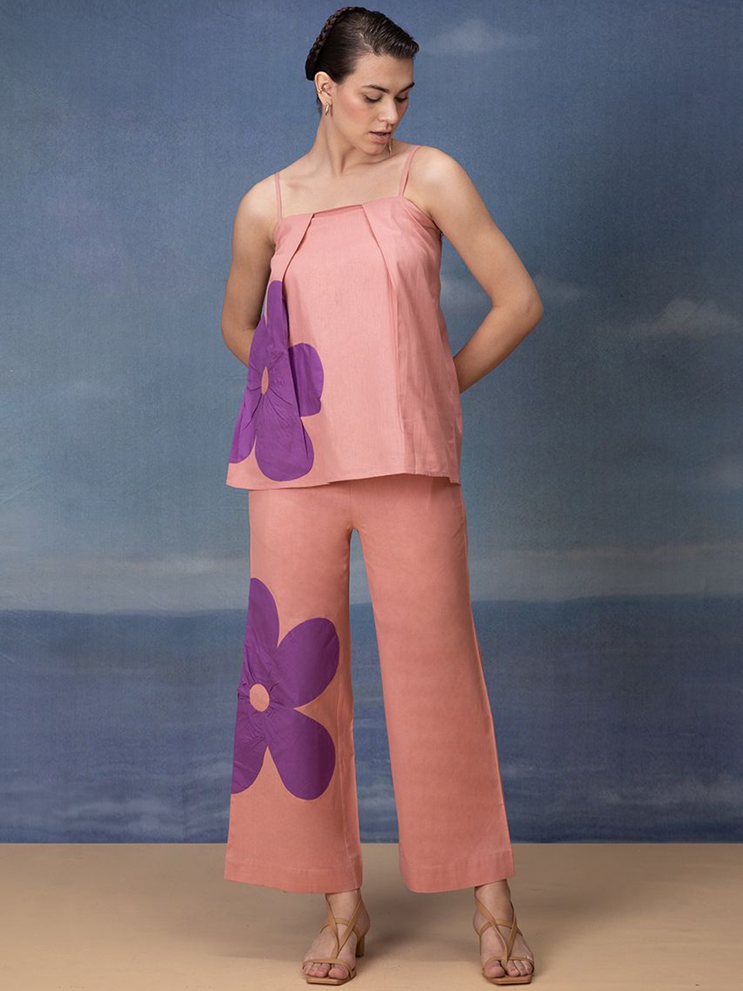 

Bannos Swagger Pink & Purple Printed Pure Cotton Top With Trousers
