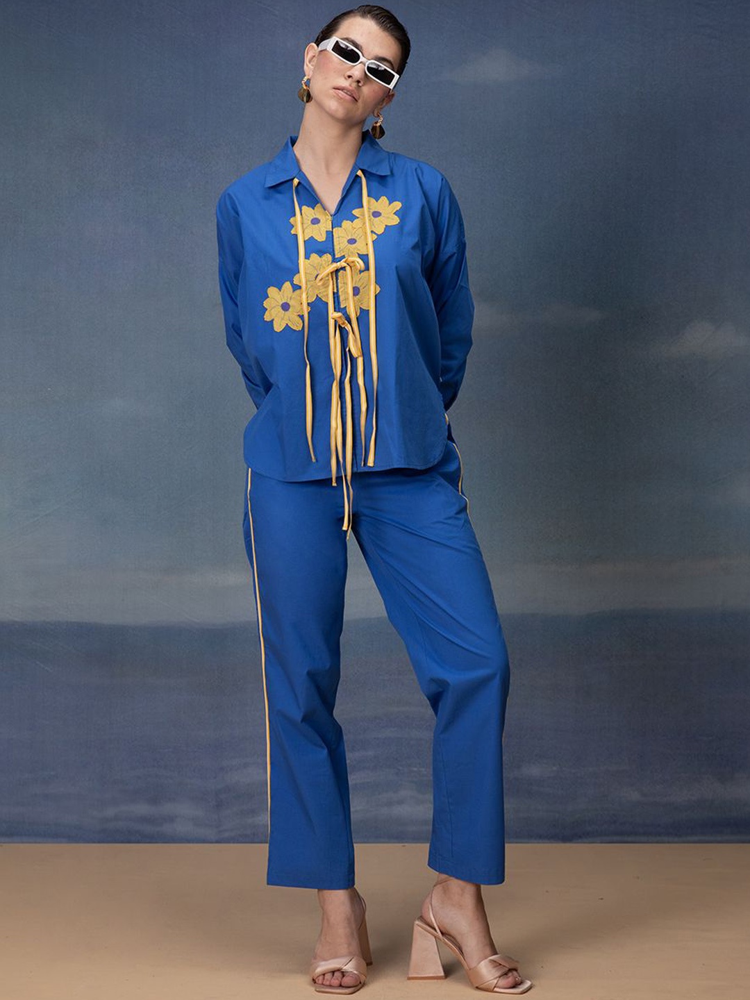 

Bannos Swagger Embroidered Pure Cotton Top With Trousers, Blue