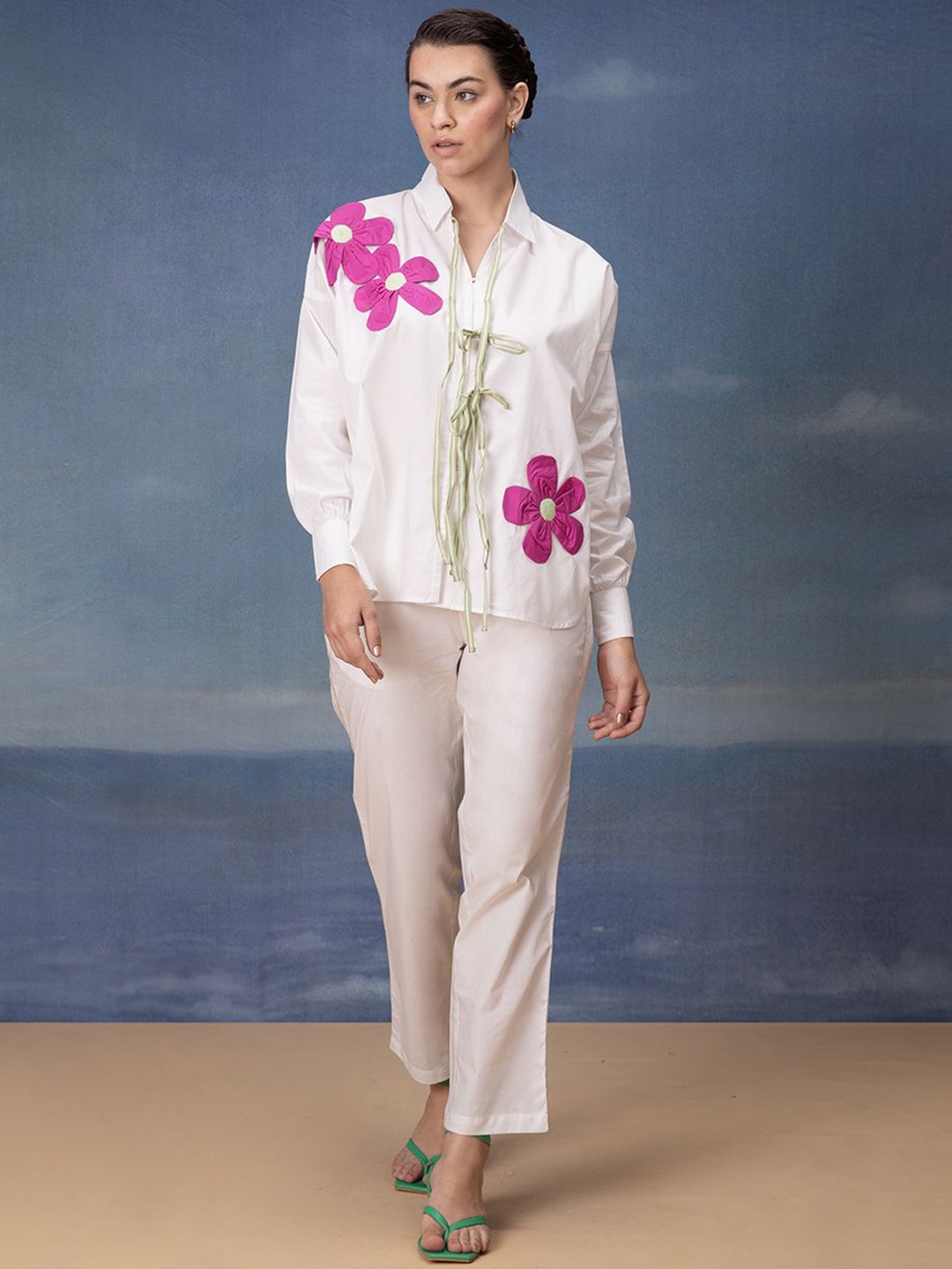 

Bannos Swagger Embroidered Pure Cotton Shirt With Trousers, White