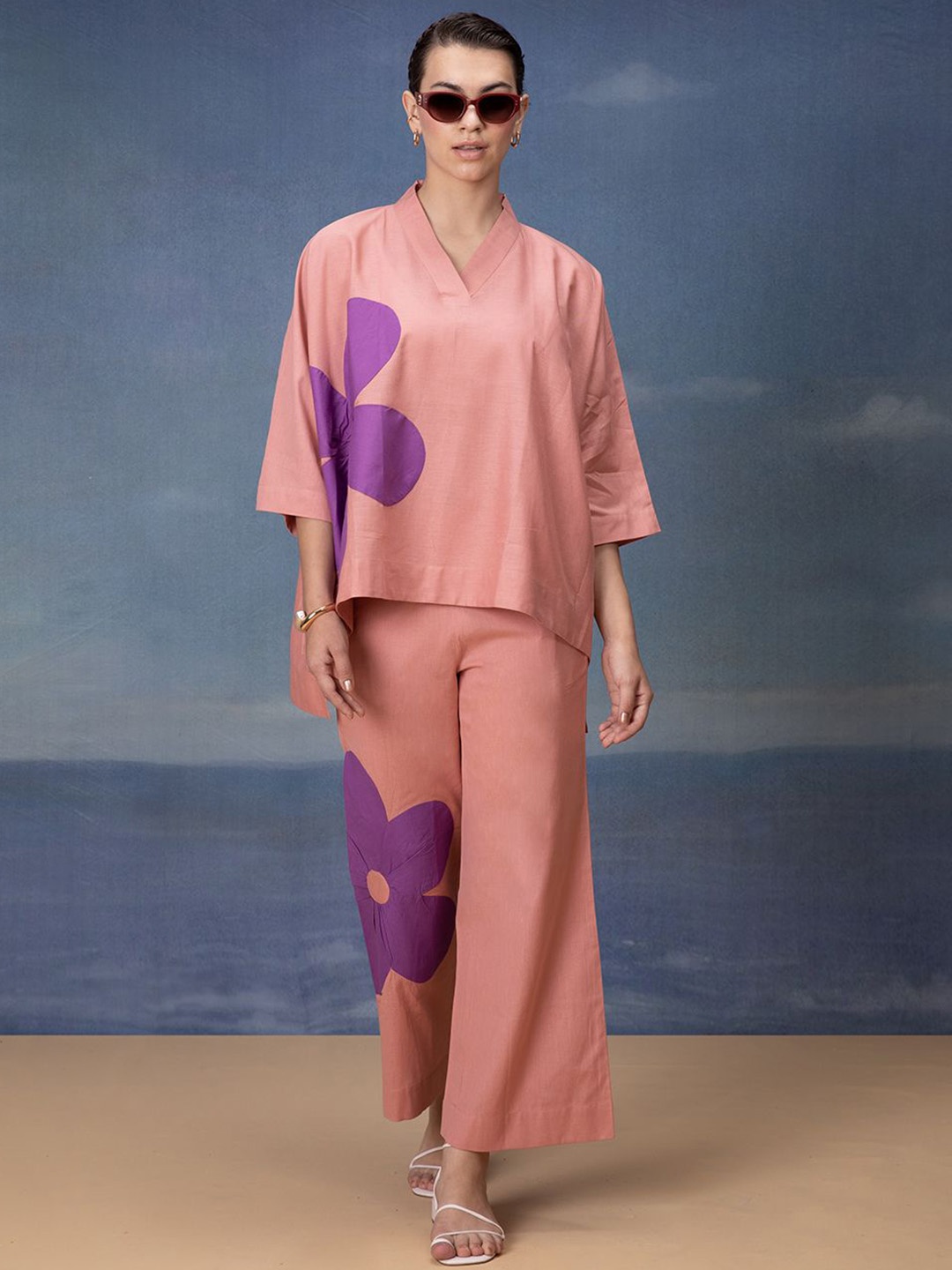 

Bannos Swagger Pink & Blue Printed Pure Cotton Top & Trousers
