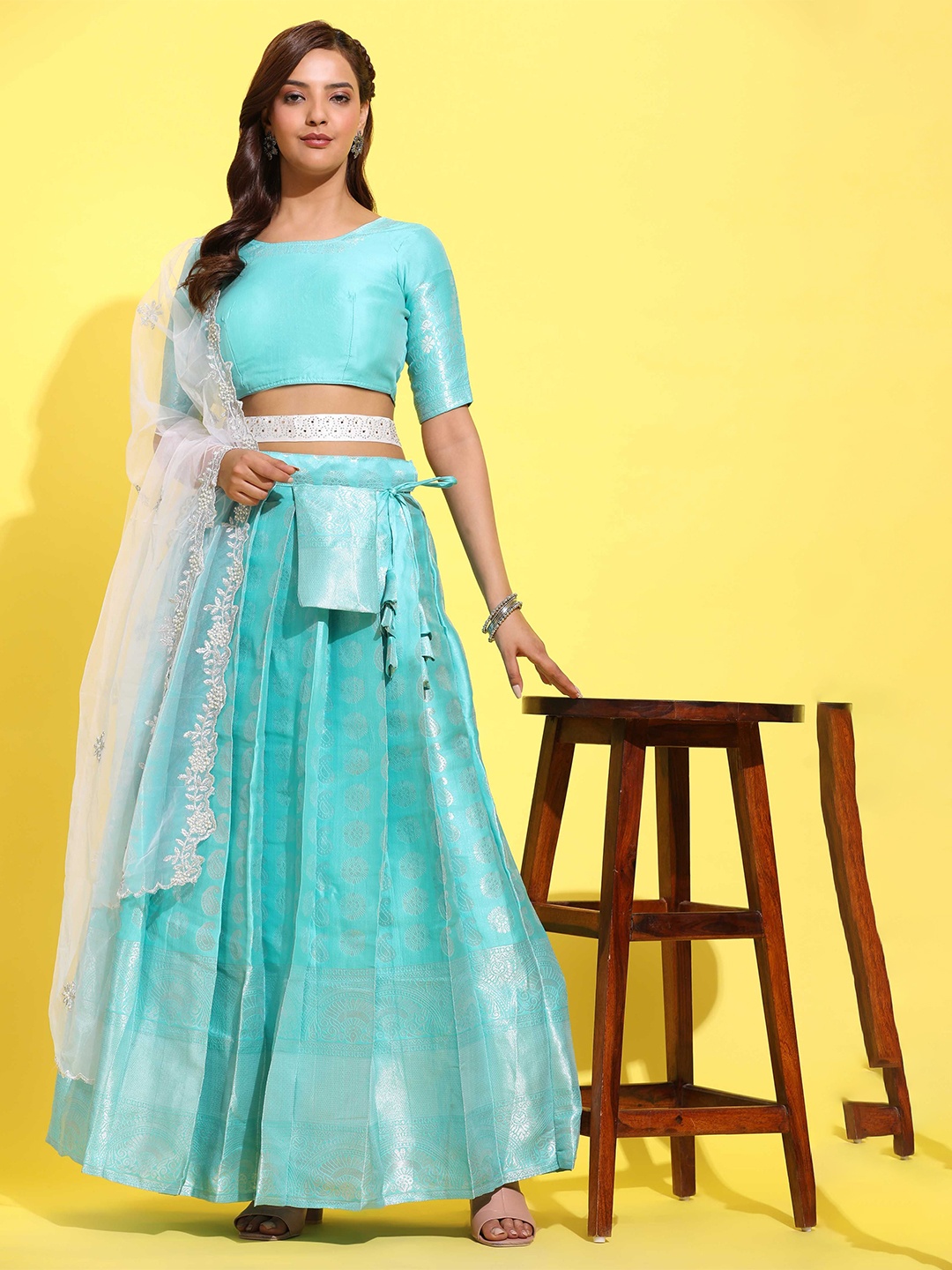 

Fabcartz Semi-Stitched Lehenga & Unstitched Blouse With Dupatta, Sea green