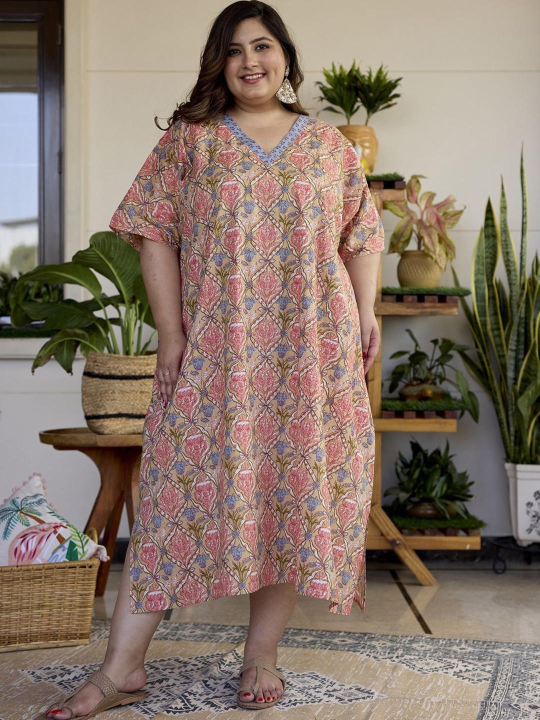 

NANGALIA RUCHIRA Women Floral Print A-Line Midi Dress Plus Size, Pink